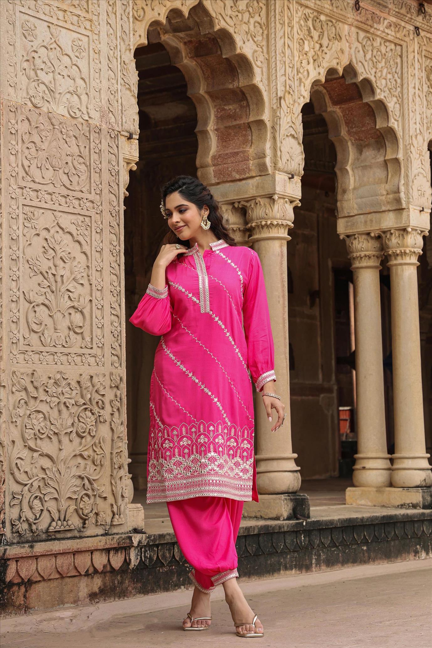 Pink Muslin Silk Embroidery With Mirror Work Pathani two Piece Set
