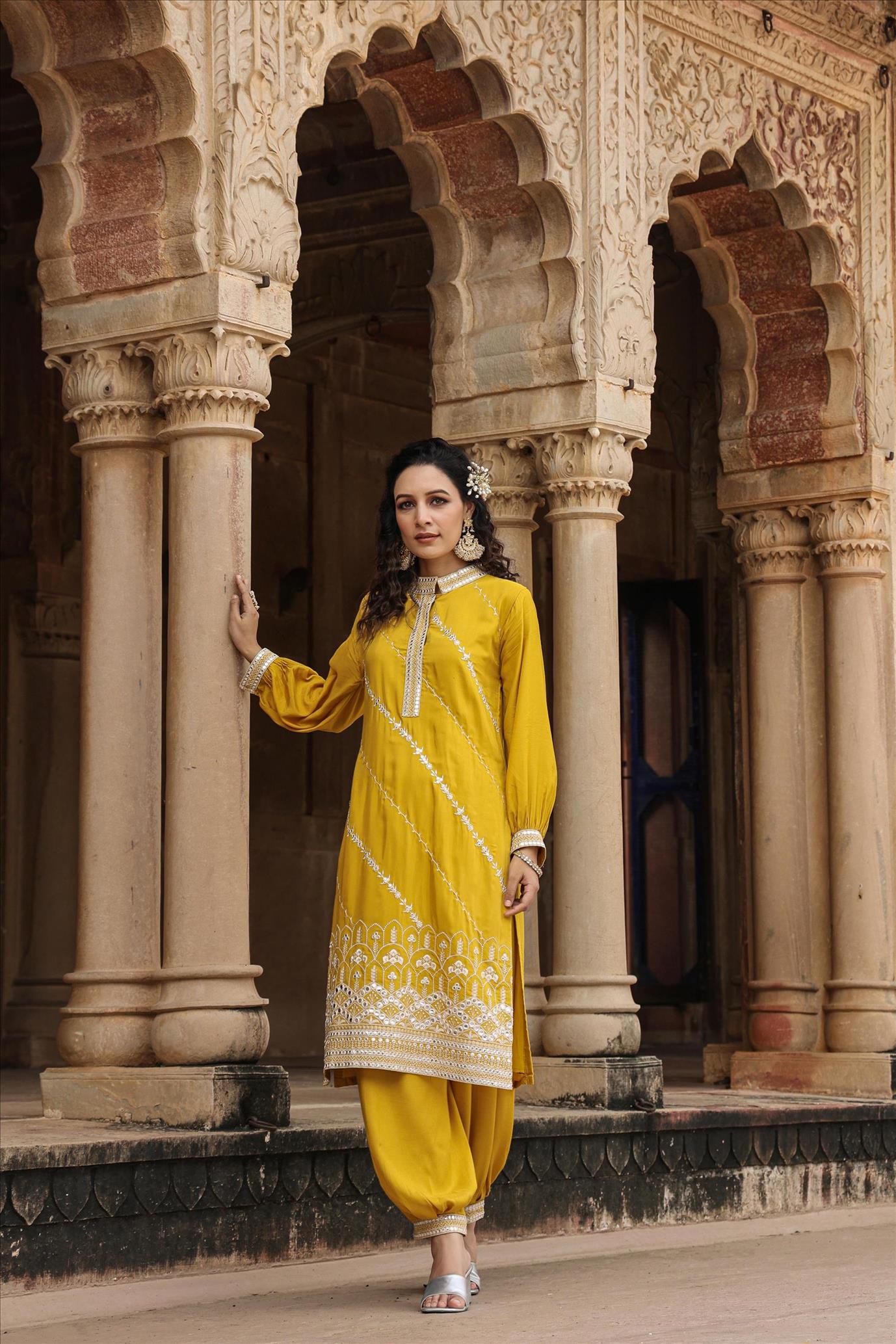 Yellow Muslin Silk Embroidery With Mirror Work Pathani 2 Piece Set