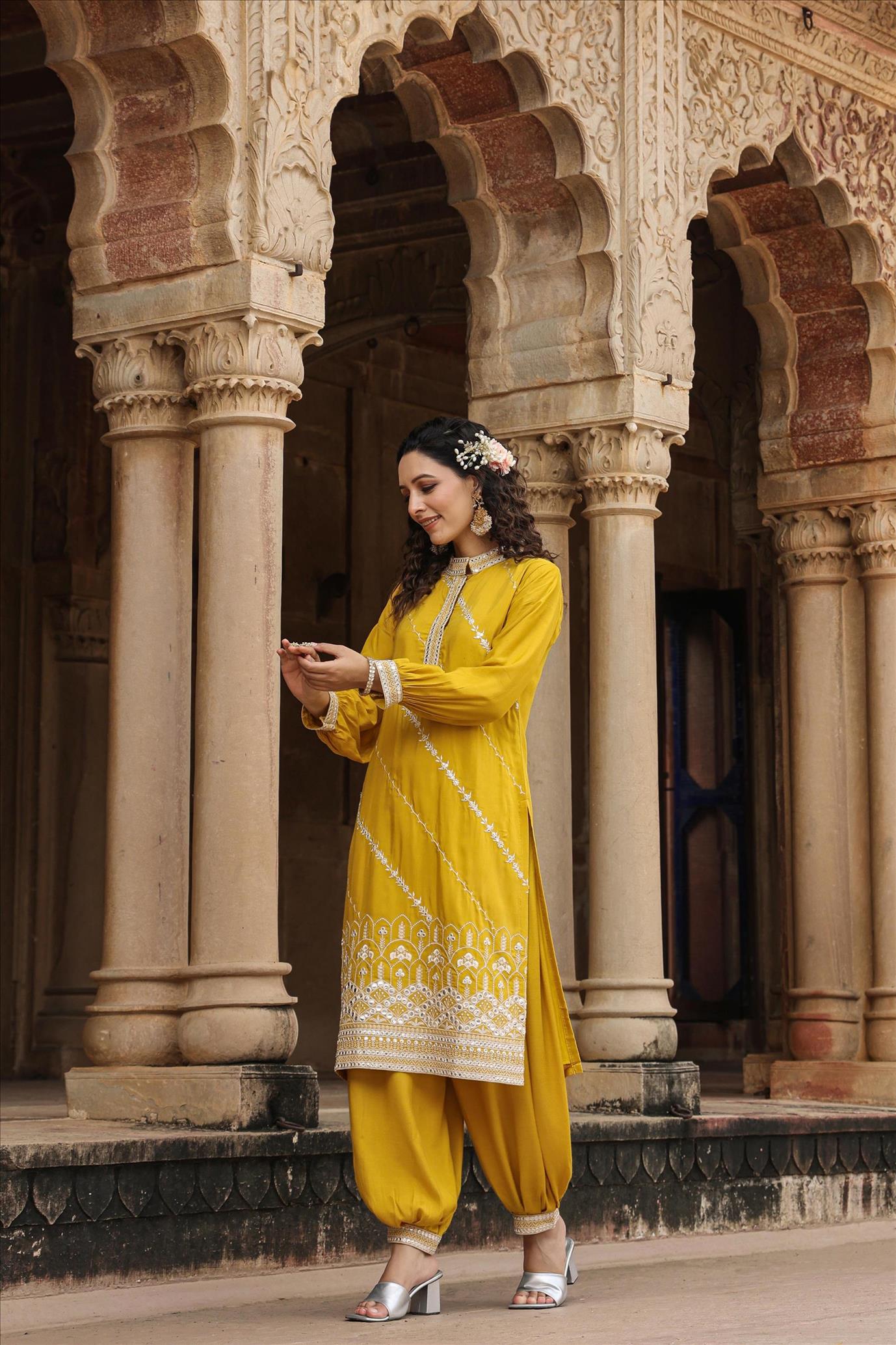 Yellow Muslin Silk Embroidery With Mirror Work Pathani 2 Piece Set