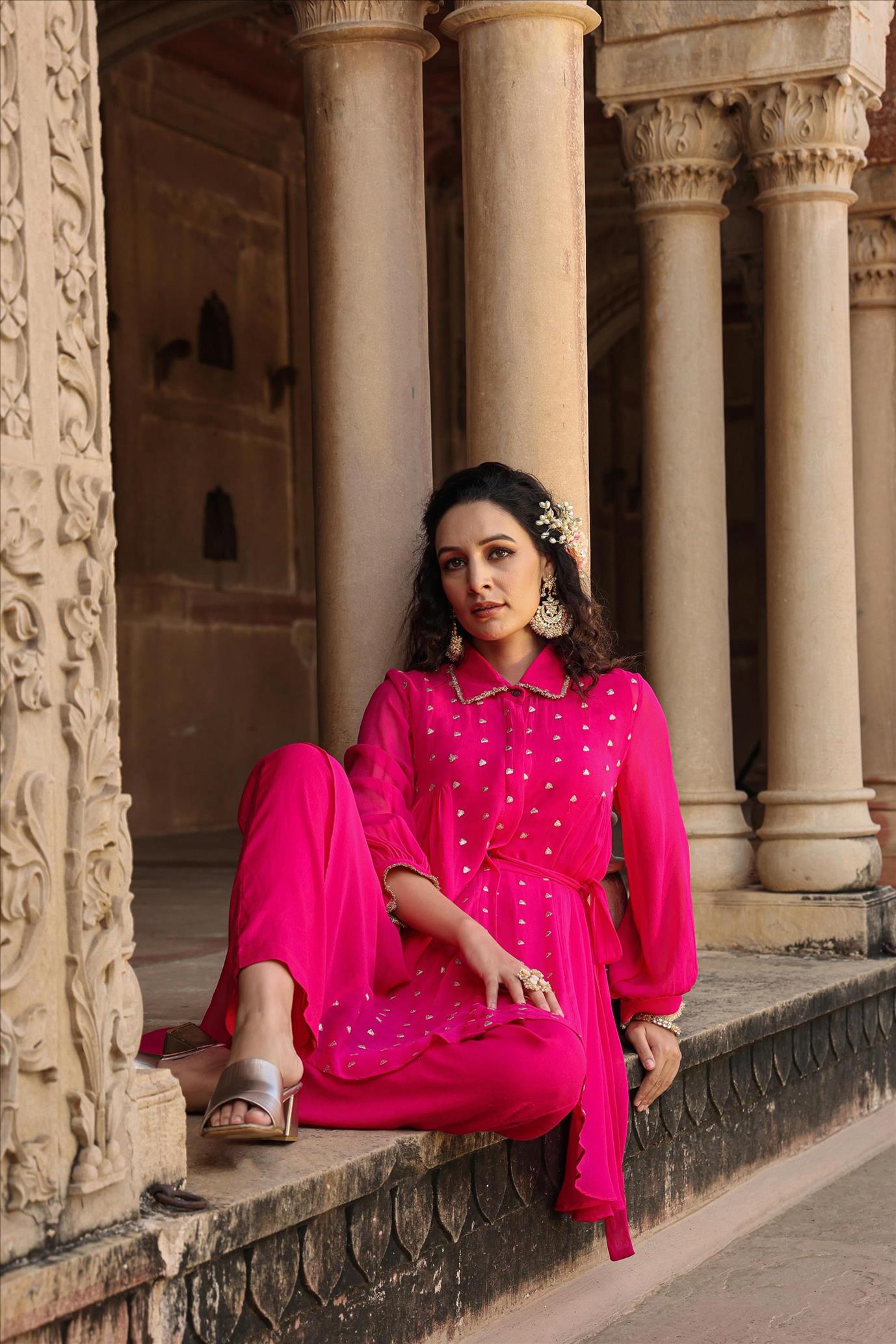 Pink Georgette Zari Embellished Asymmetric Shirt Tunic With Pants Co-Ord Set