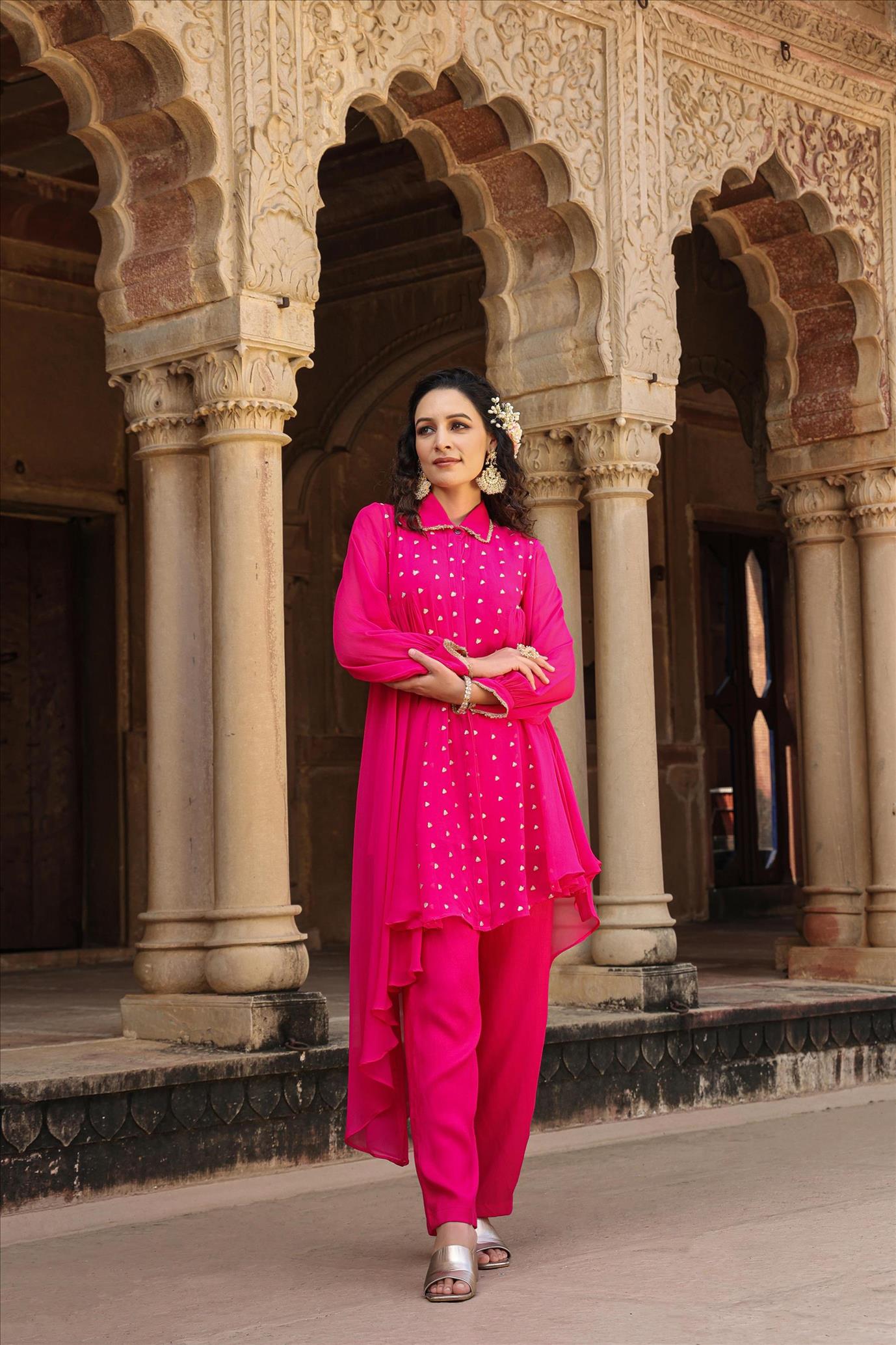 Pink Georgette Zari Embellished Asymmetric Shirt Tunic With Pants Co-Ord Set