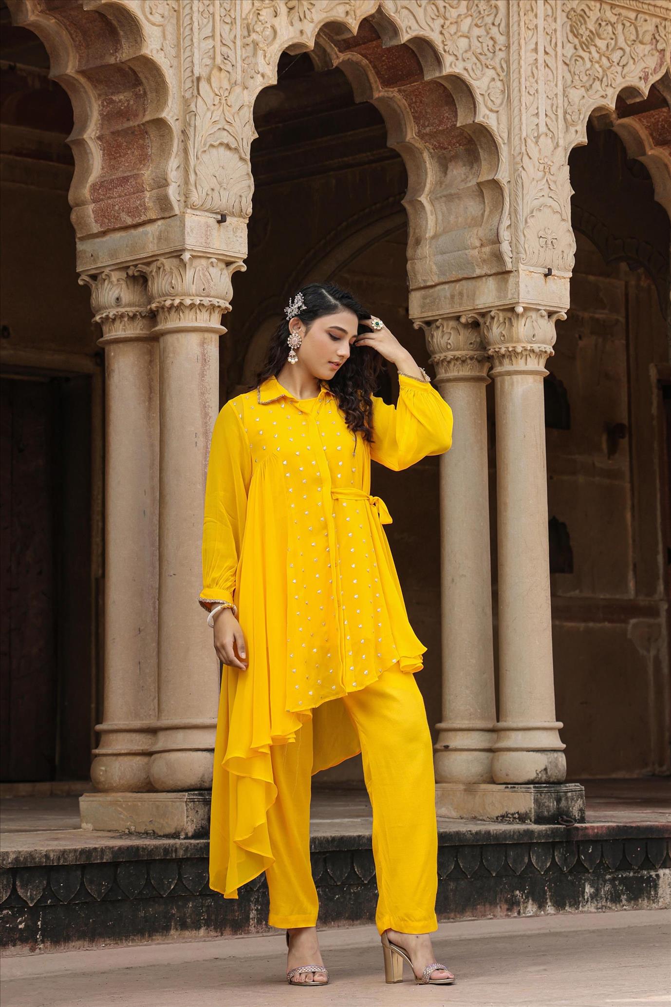 Yellow Georgette Zari Embellished Asymmetric Shirt Tunic With Pants Co-Ord Set