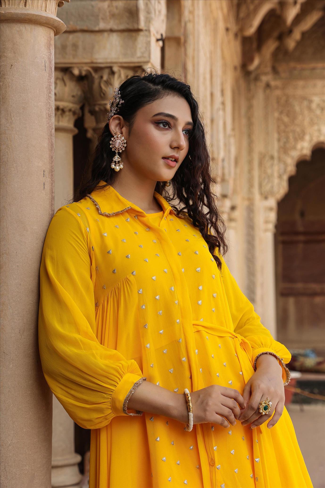 Yellow Georgette Zari Embellished Asymmetric Shirt Tunic With Pants Co-Ord Set