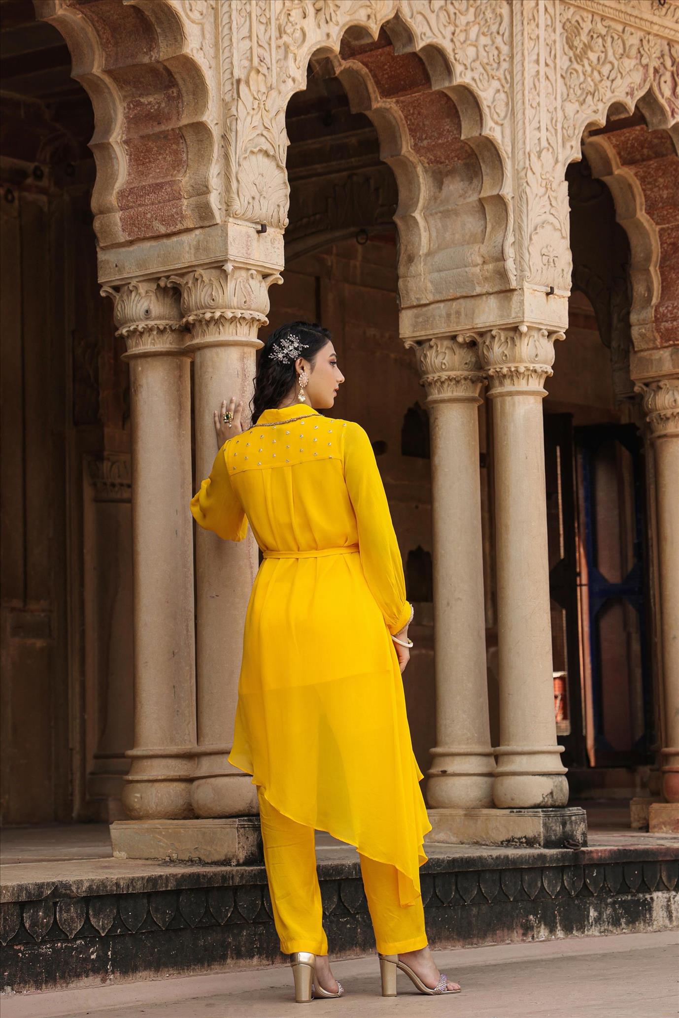 Yellow Georgette Zari Embellished Asymmetric Shirt Tunic With Pants Co-Ord Set