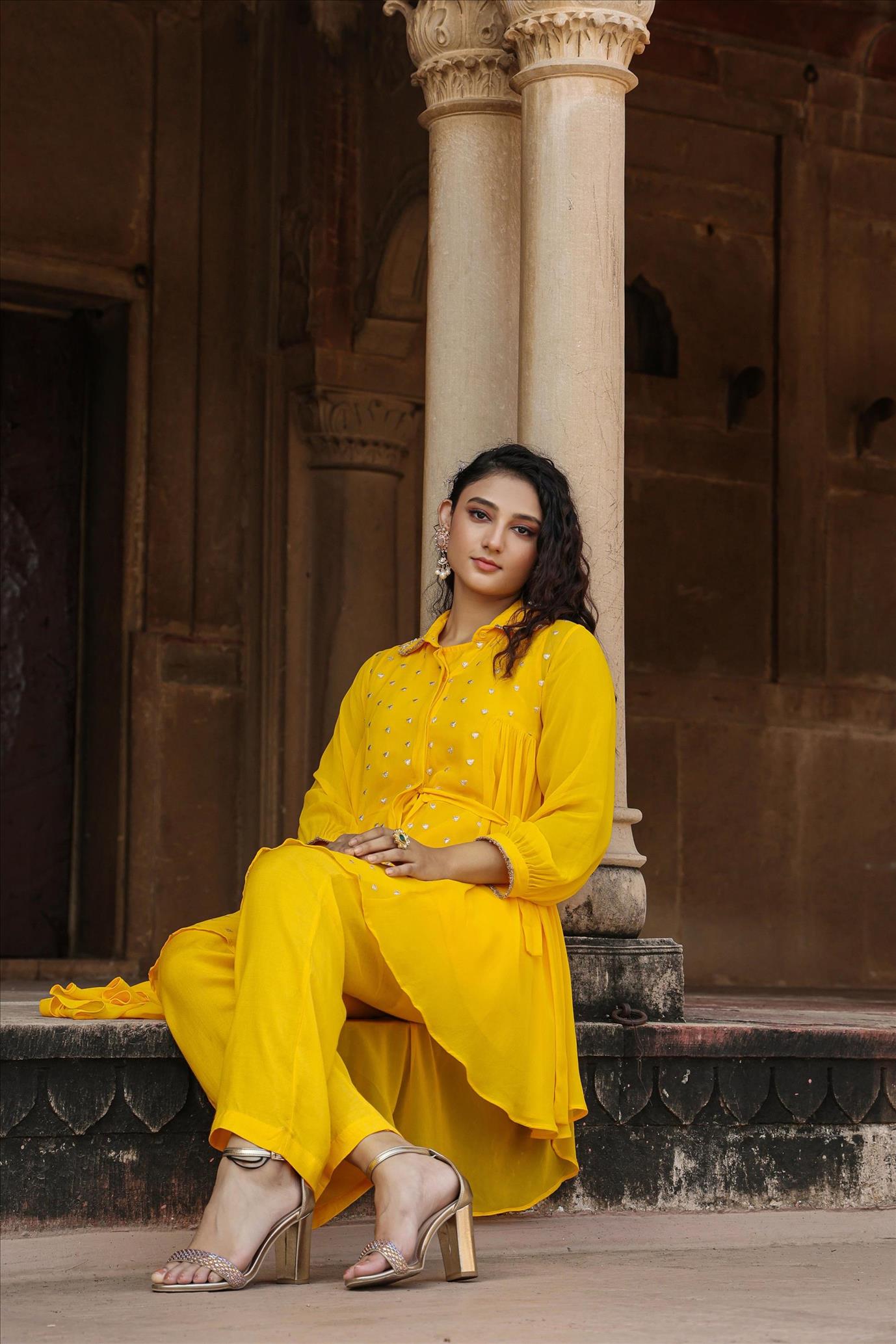 Yellow Georgette Asymmetrical Co-Ord Set