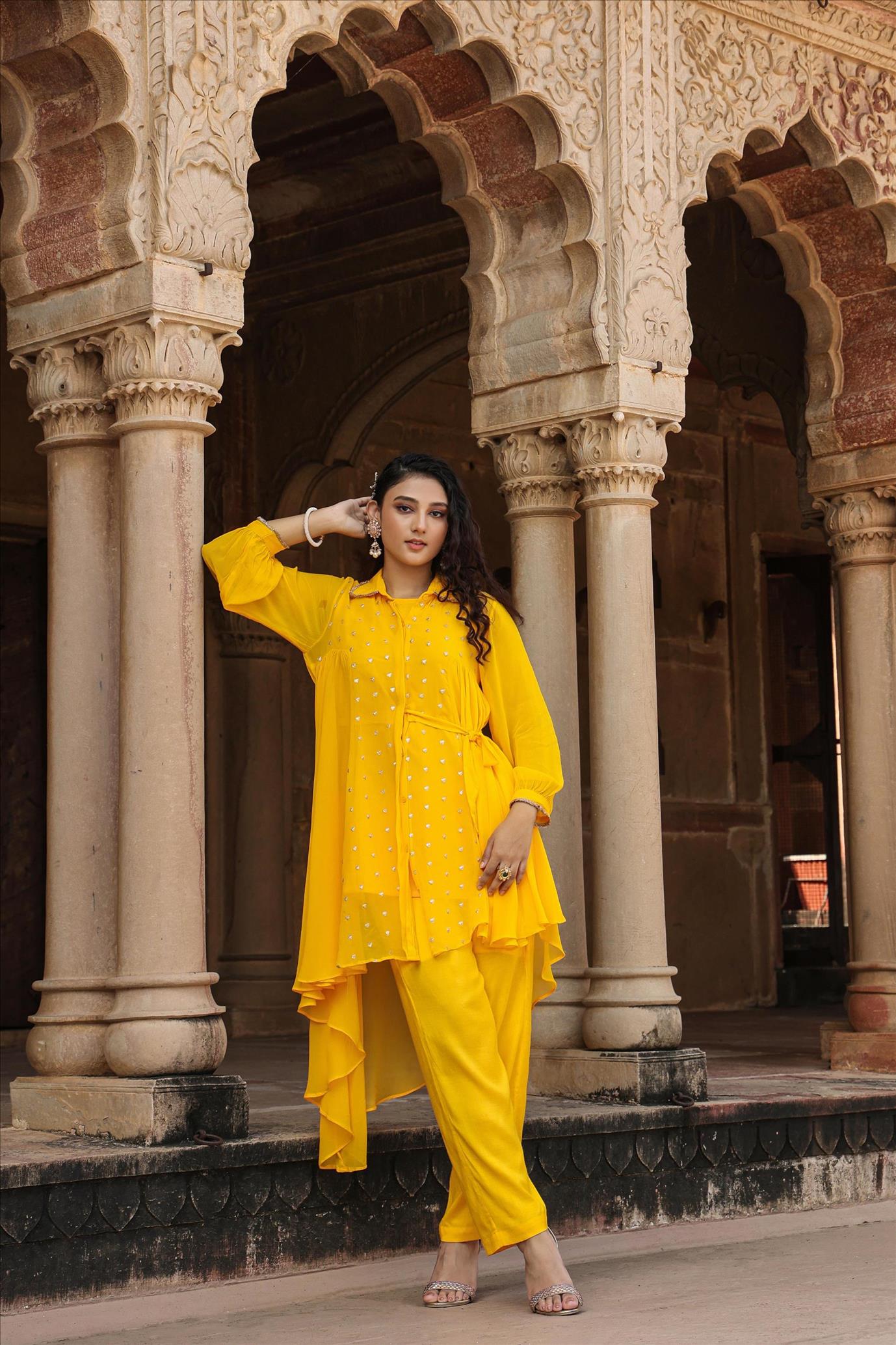 Yellow Georgette Asymmetrical Co-Ord Set