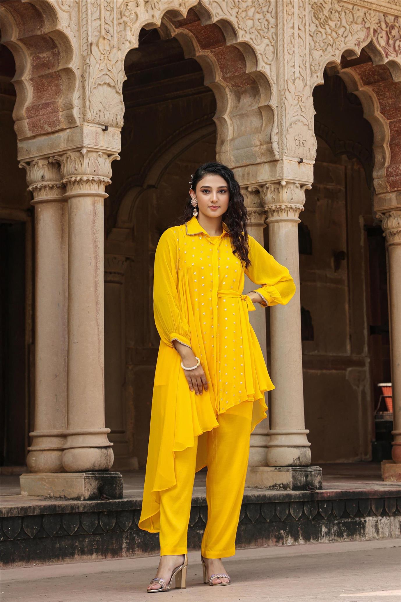 Yellow Georgette Zari Embellished Asymmetric Shirt Tunic With Pants Co-Ord Set