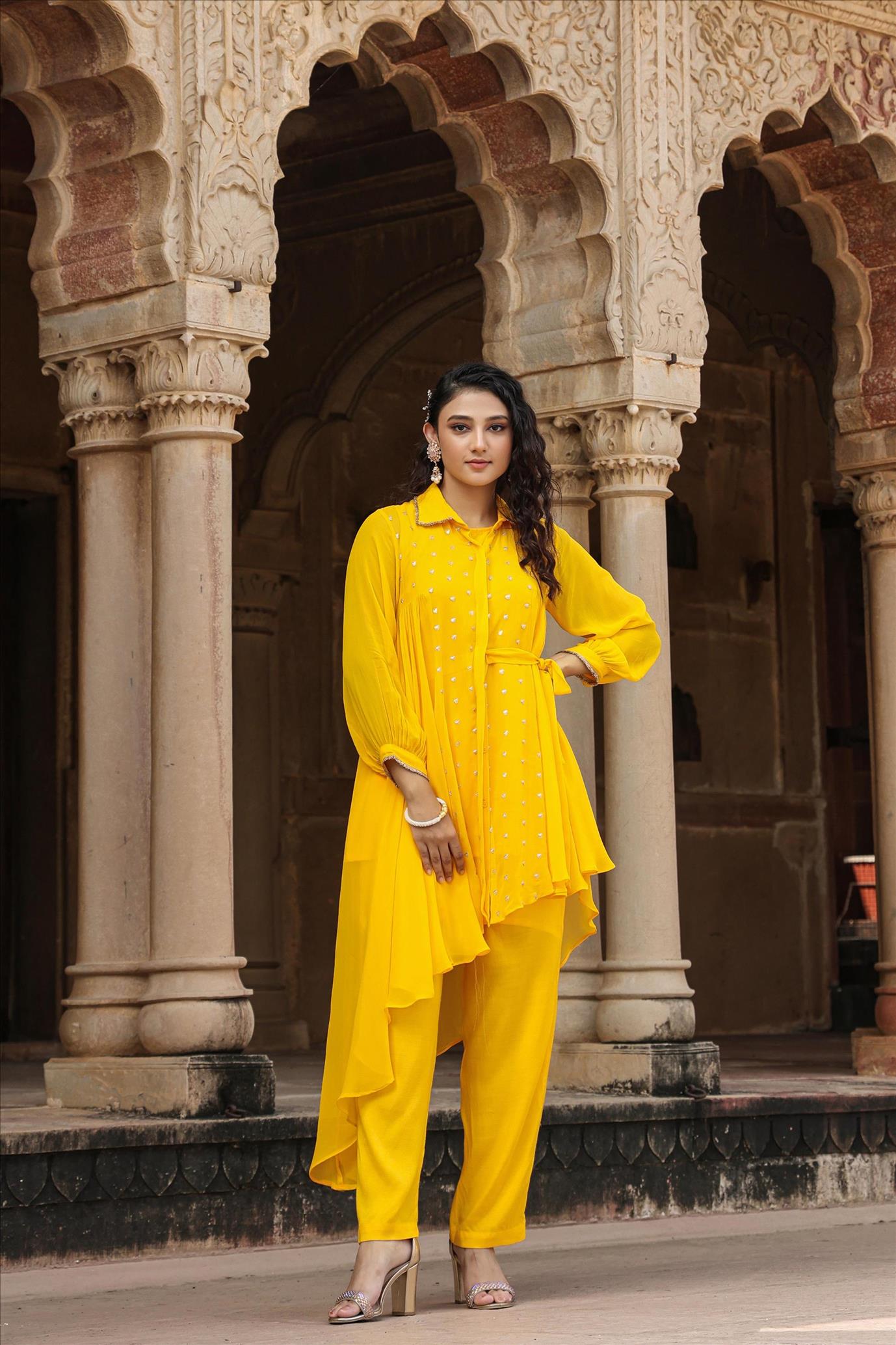 Yellow Georgette Asymmetrical Co-Ord Set