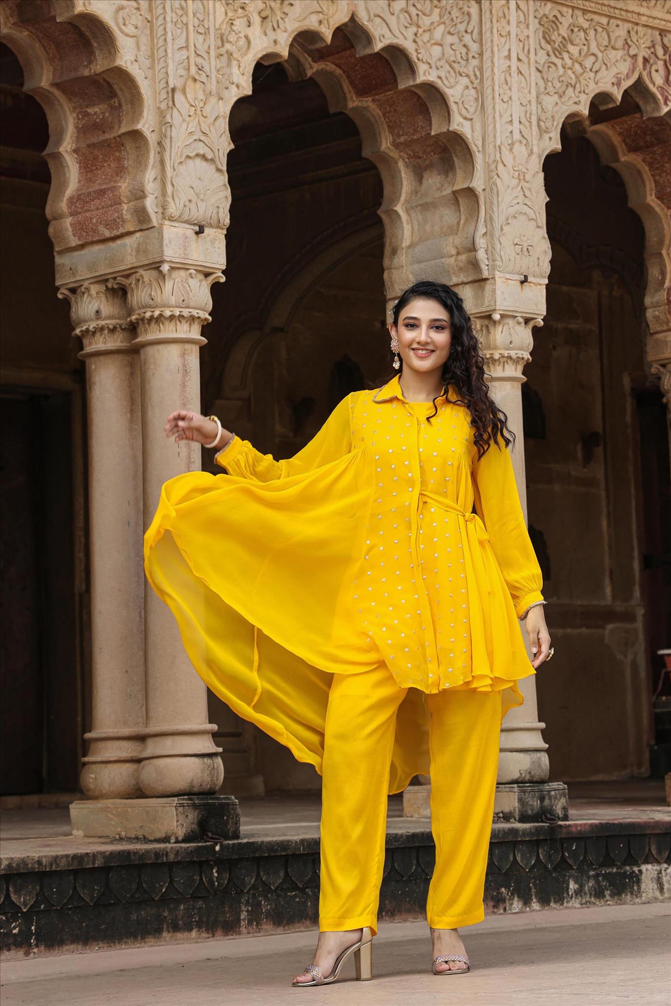 Yellow Georgette Zari Embellished Asymmetric Shirt Tunic With Pants Co-Ord Set