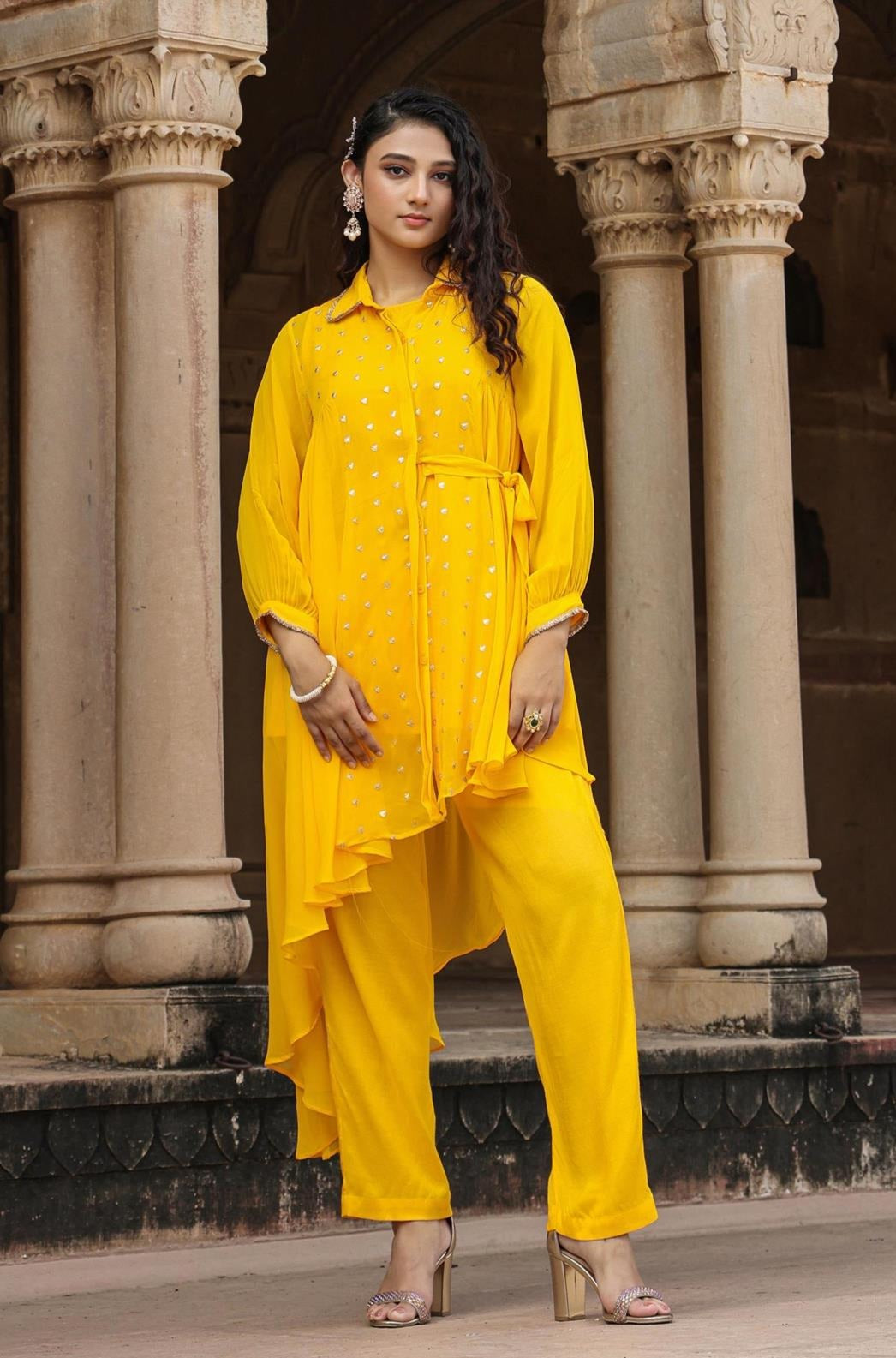 Yellow Georgette Zari Embellished Asymmetric Shirt Tunic With Pants Co-Ord Set