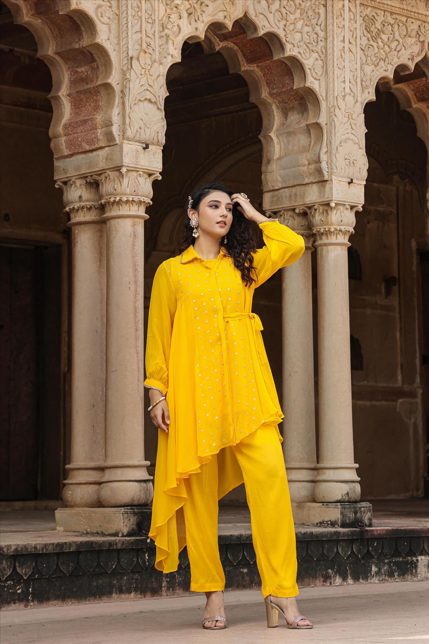Yellow Georgette Zari Embellished Asymmetric Shirt Tunic With Pants Co-Ord Set
