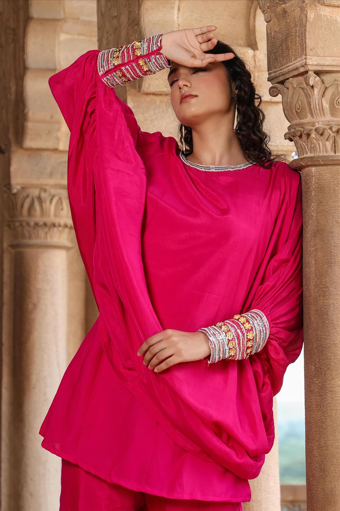 Pink Muslin Silk Embellished Sleeves Curved Balloon Tunic With Pants Co-Ord Set