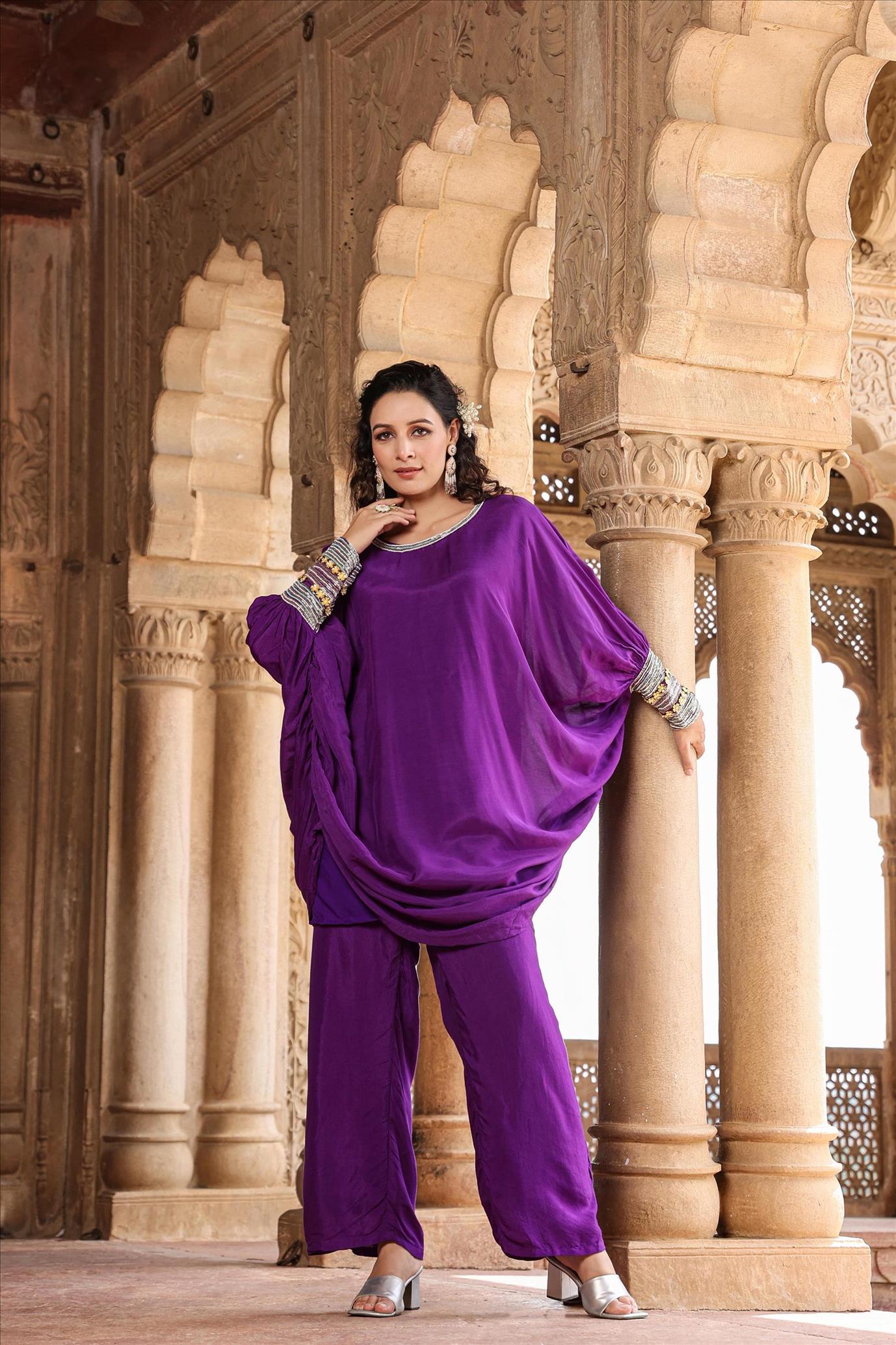 Purple Muslin Silk Embellished Sleeves Curved Balloon Tunic With Pants Co-Ord Set