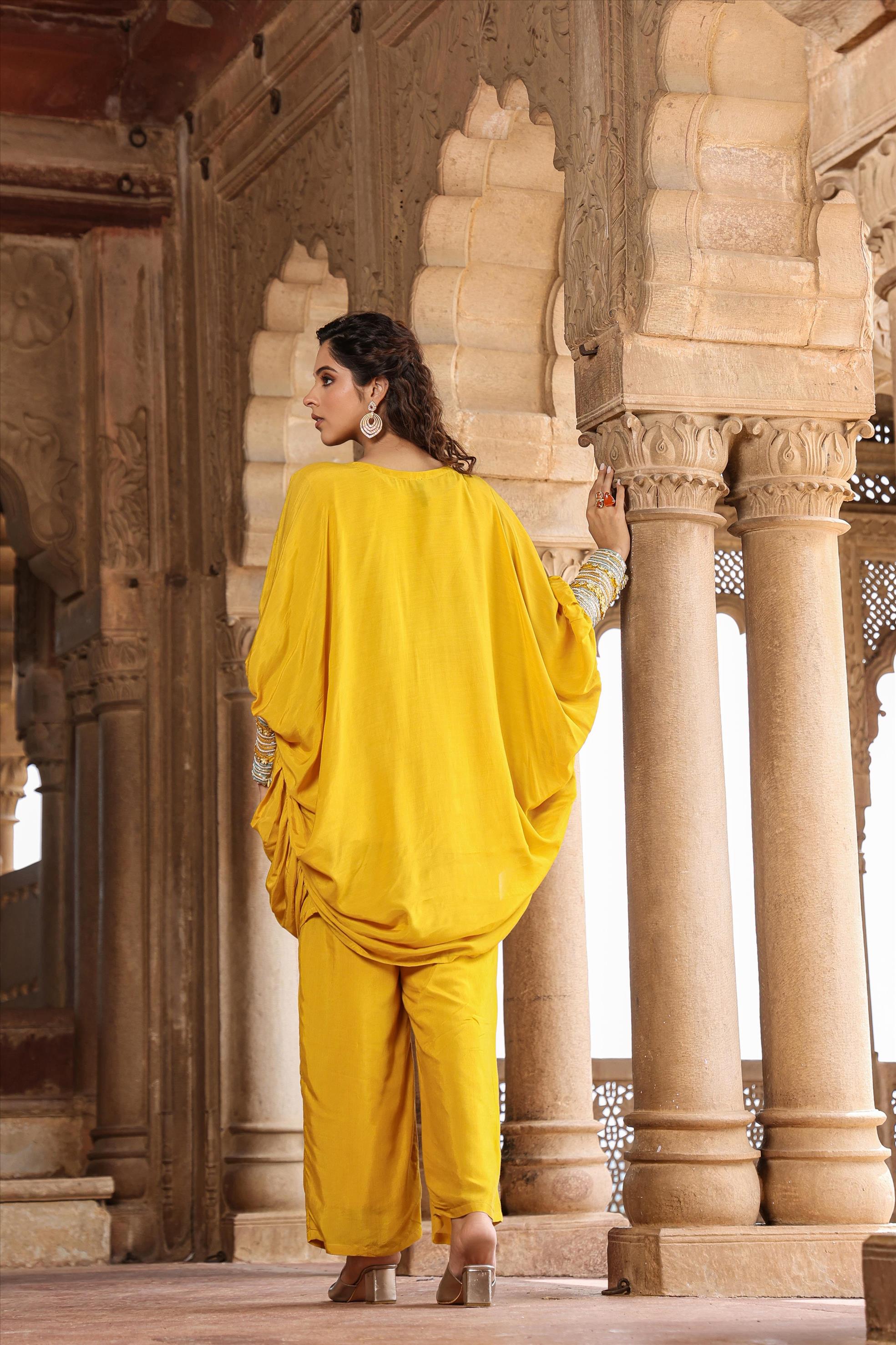 Yellow Muslin Silk Embellished Sleeves Curved Balloon Tunic With Pants Co-Ord Set