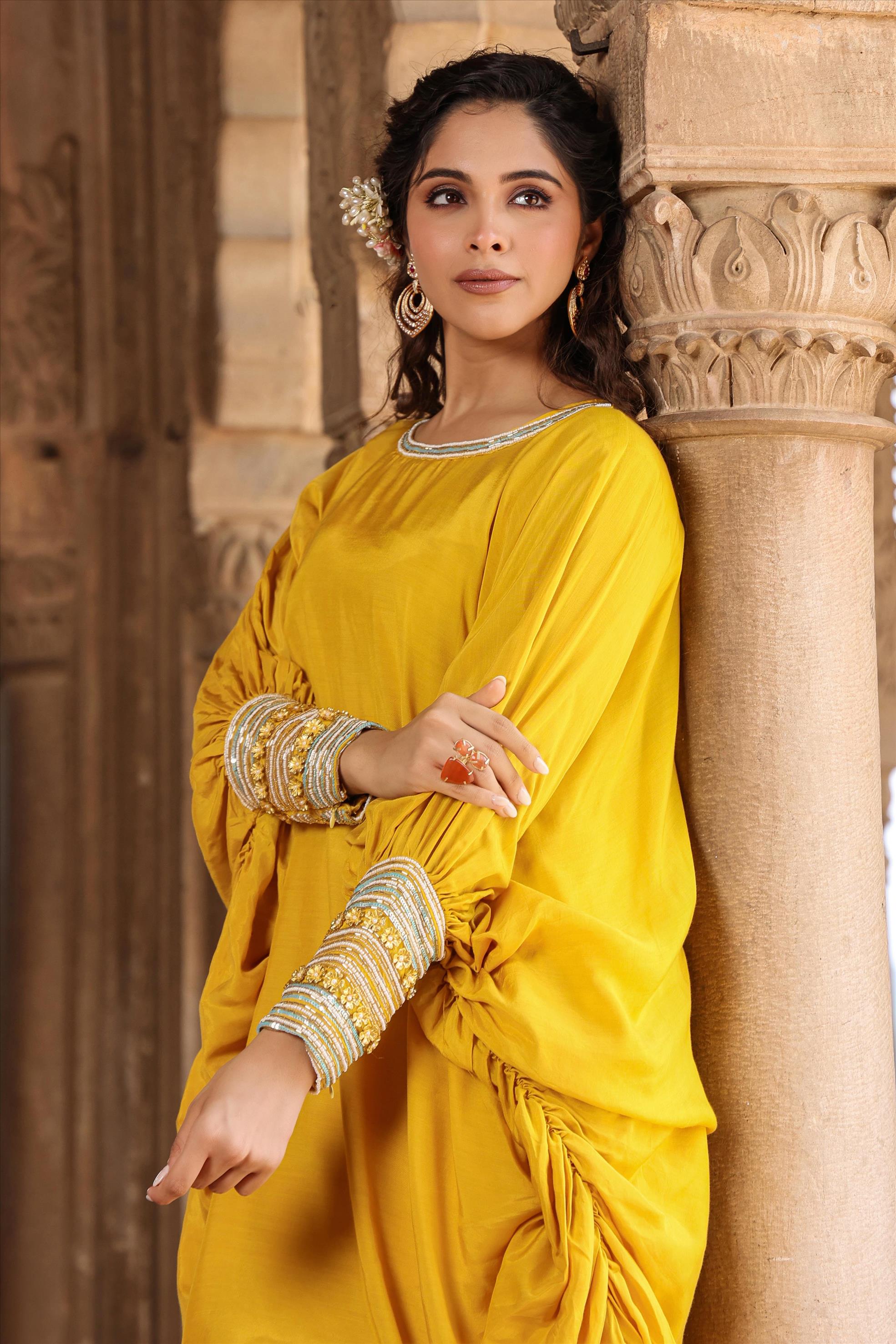 Yellow Muslin Silk Embellished Sleeves Curved Balloon Tunic With Pants Co-Ord Set