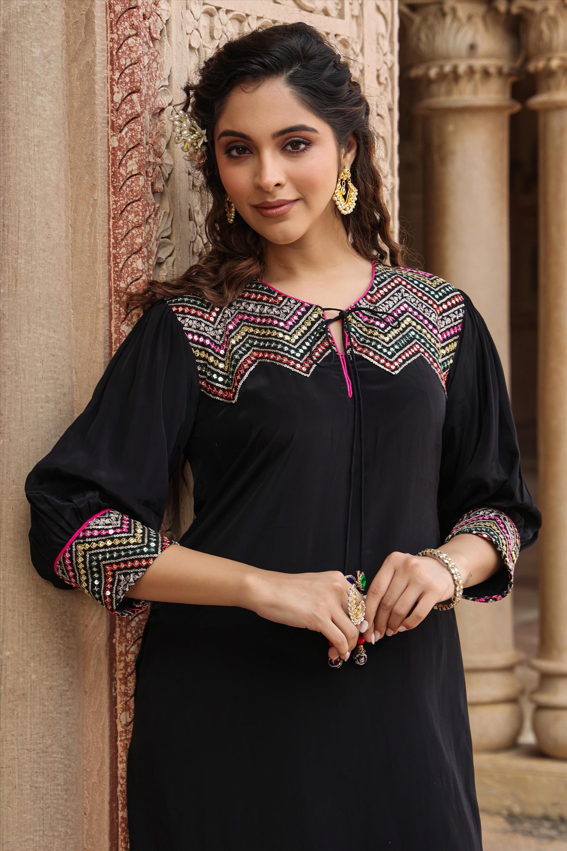 Black Crepe Embroidered Patiala Suit With Embellished Potli