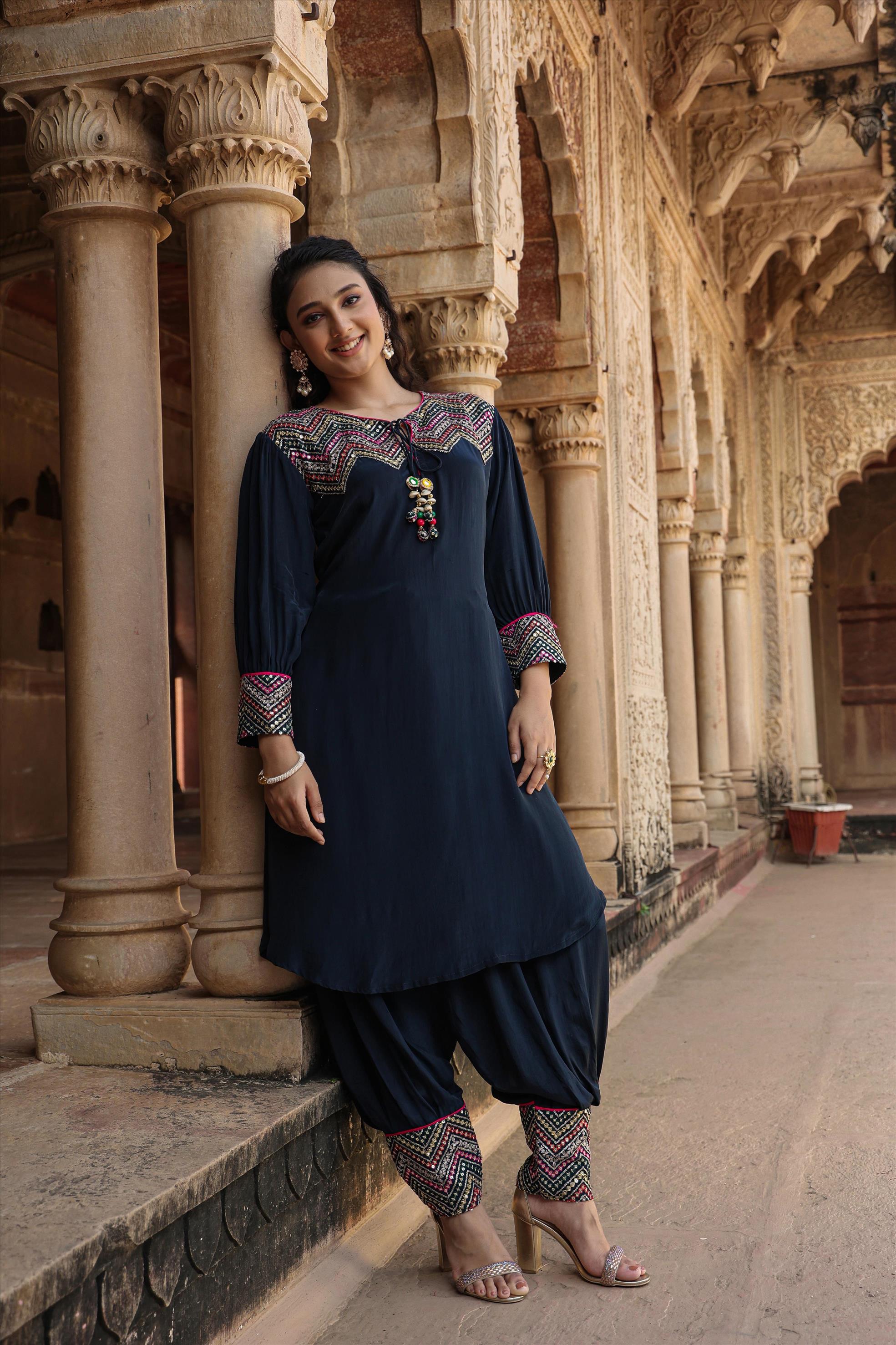 Navy Crepe Embroidered Patiala Suit With Embellished Potli