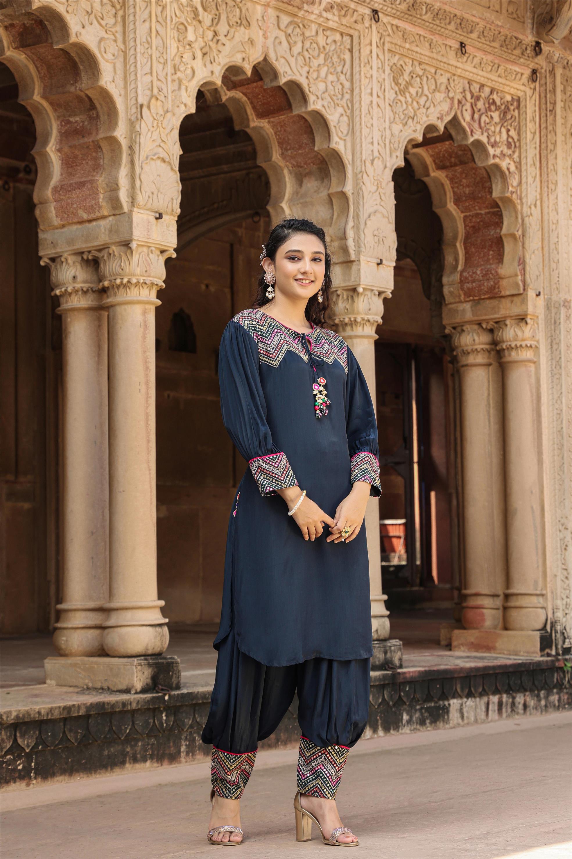 Navy Crepe Embroidered Patiala Suit With Embellished Potli