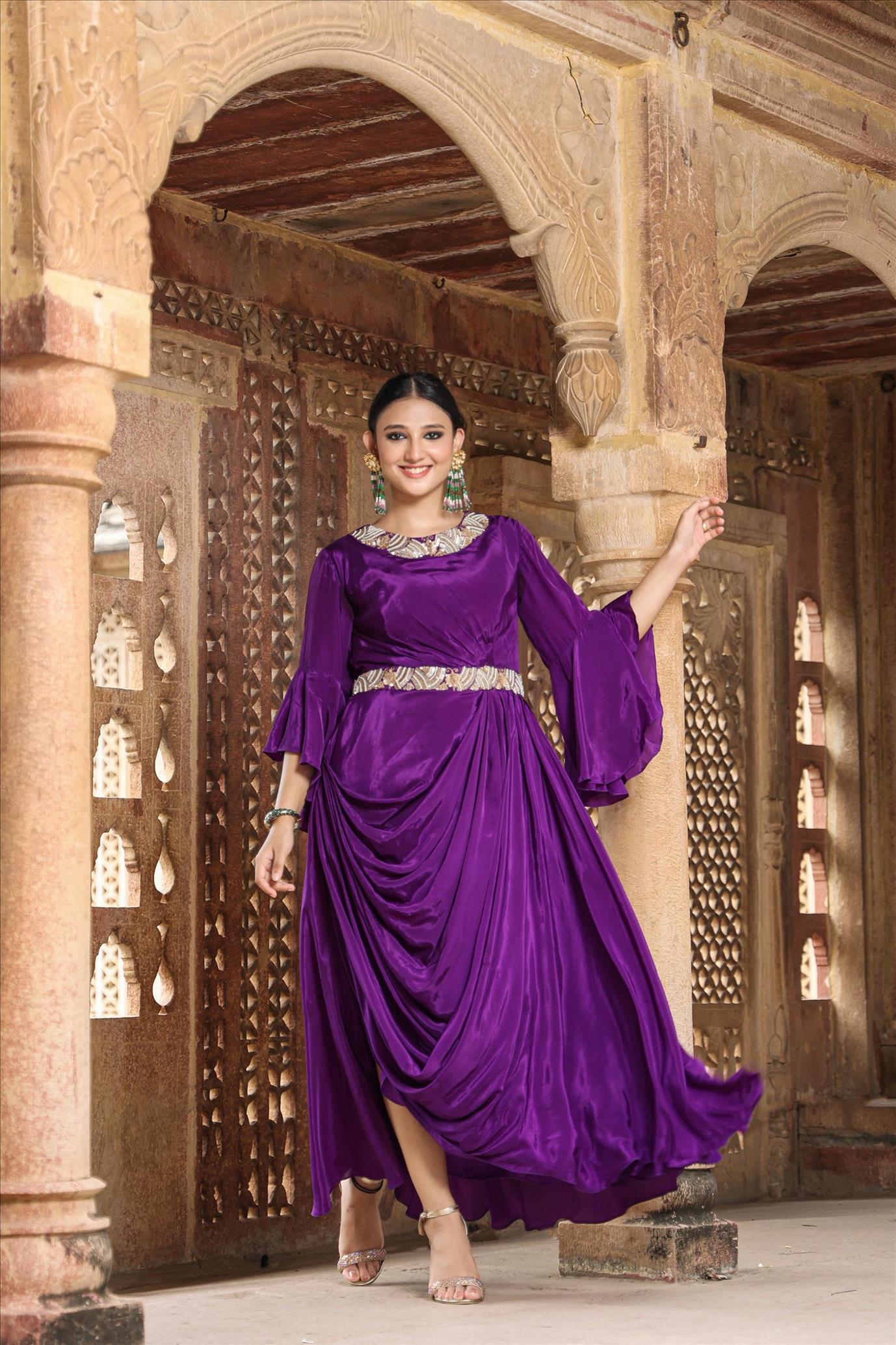Purple Crepe Solid Drape Gown With Embellished Neck And Belt
