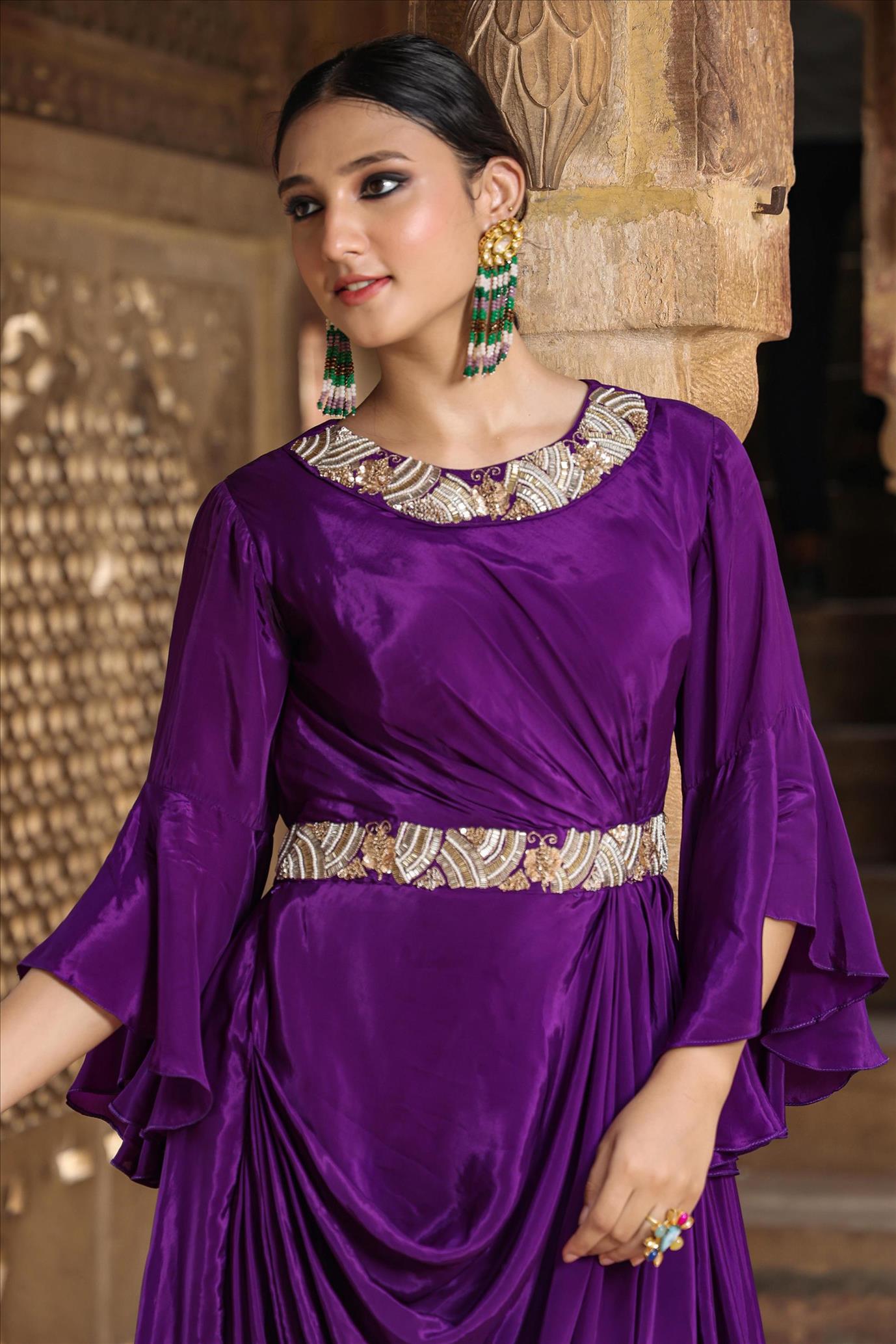 Purple Crepe Solid Drape Gown With Embellished Neck And Belt