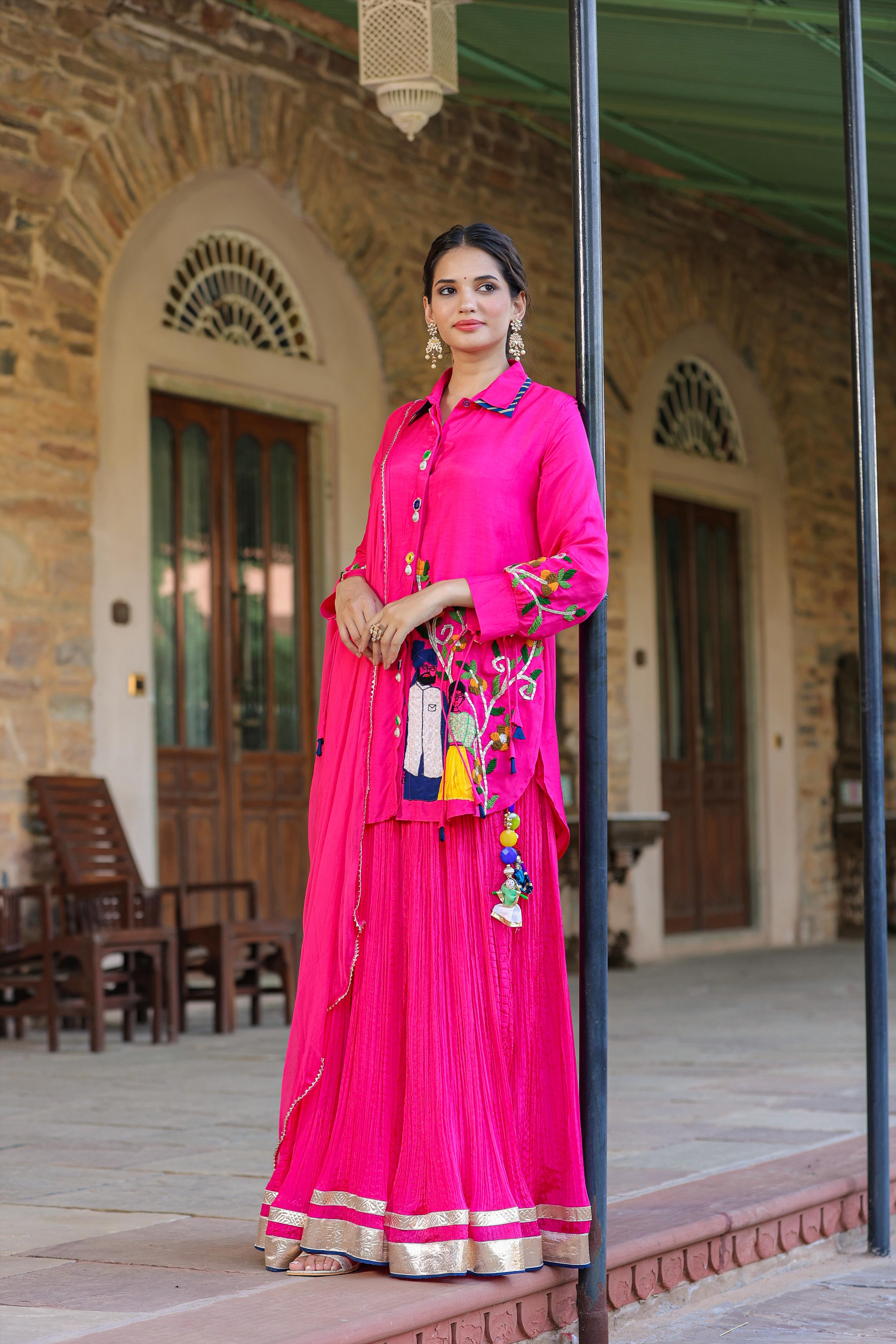 Pink Muslin Silk Raja-Rani Shirt Kurta With Tabby Silk Crushed Lehenga And Dupatta
