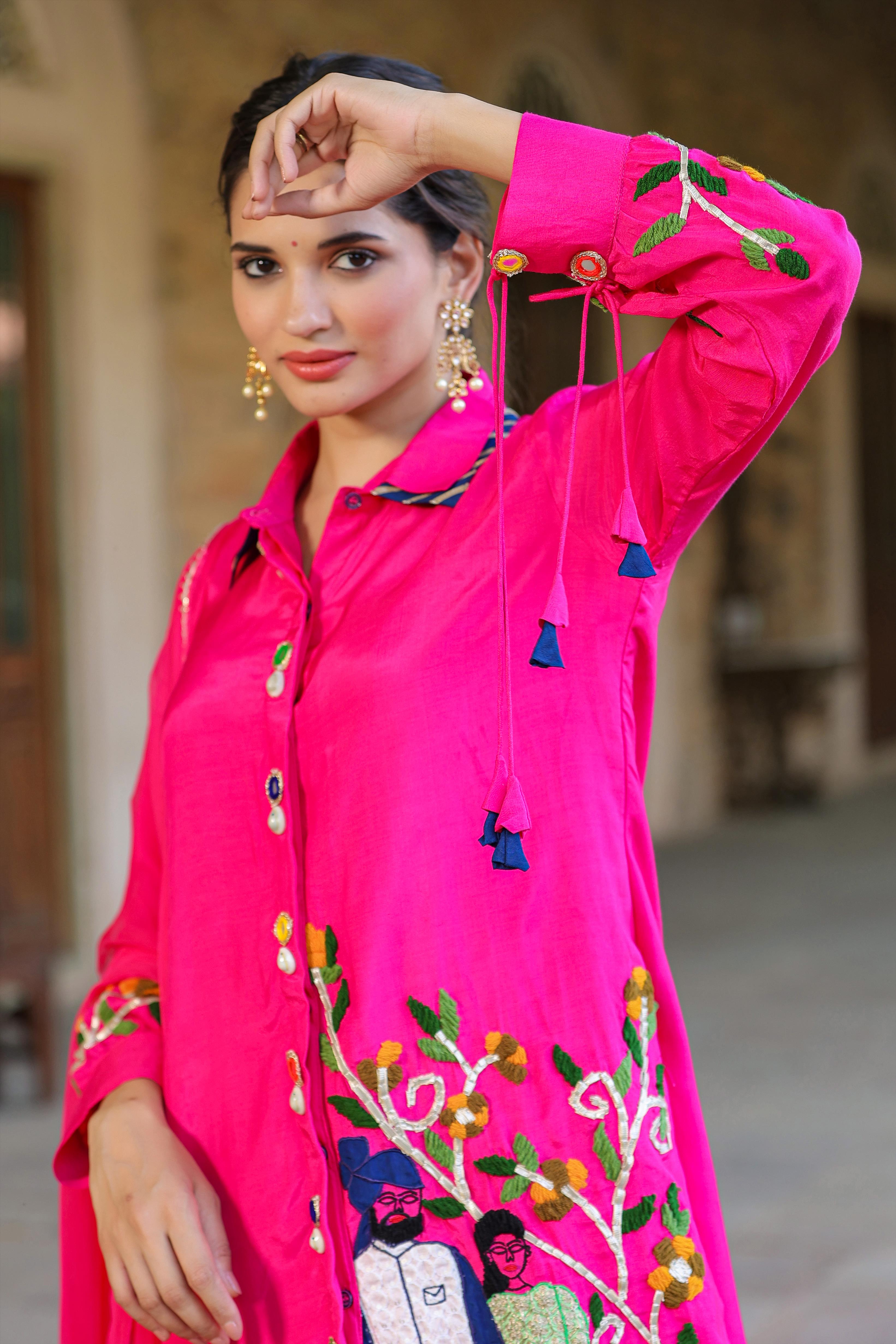 Pink Muslin Silk Raja-Rani Shirt Kurta With Tabby Silk Crushed Lehenga And Dupatta