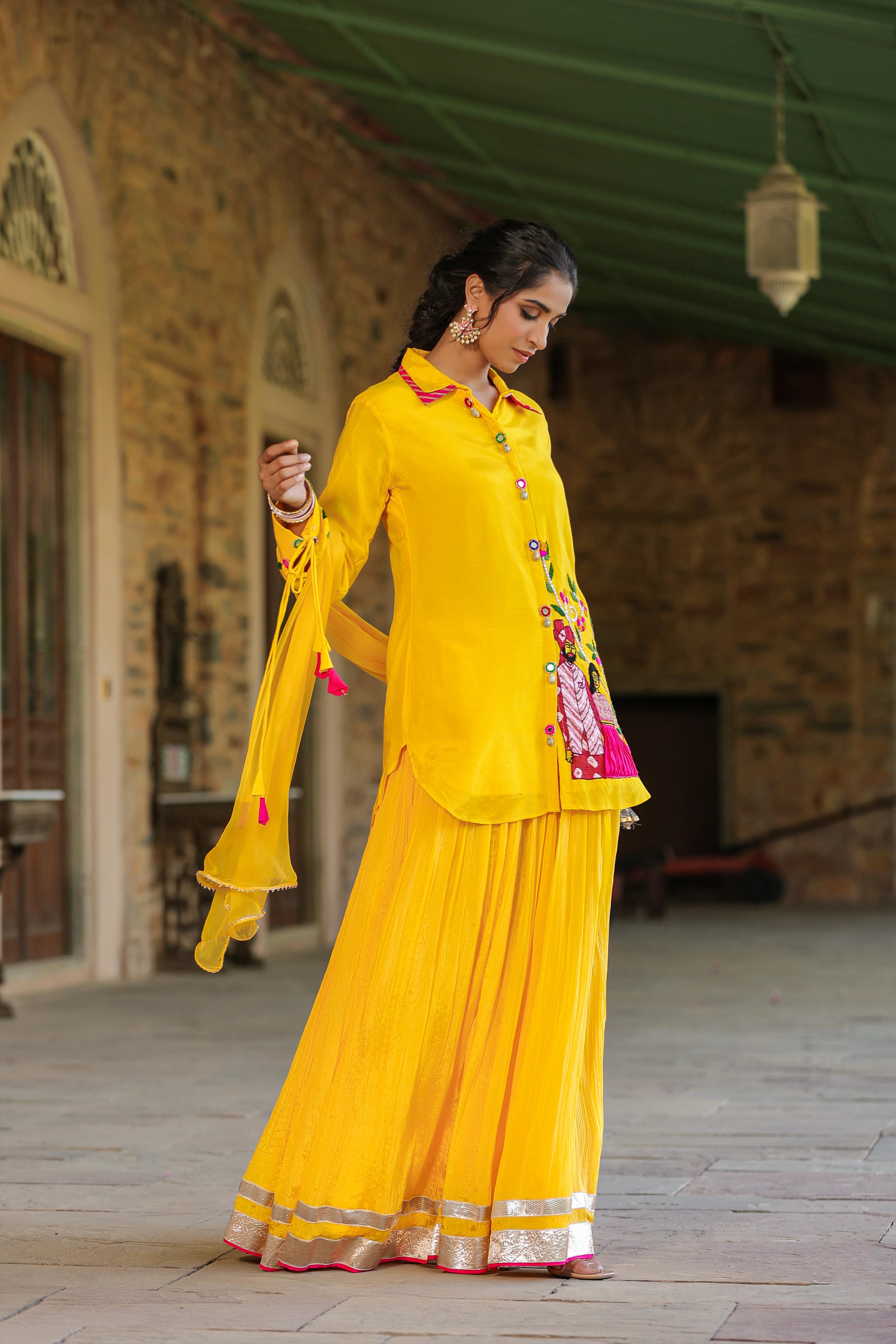 Yellow Muslin Silk Raja-Rani Shirt Lehenga Set