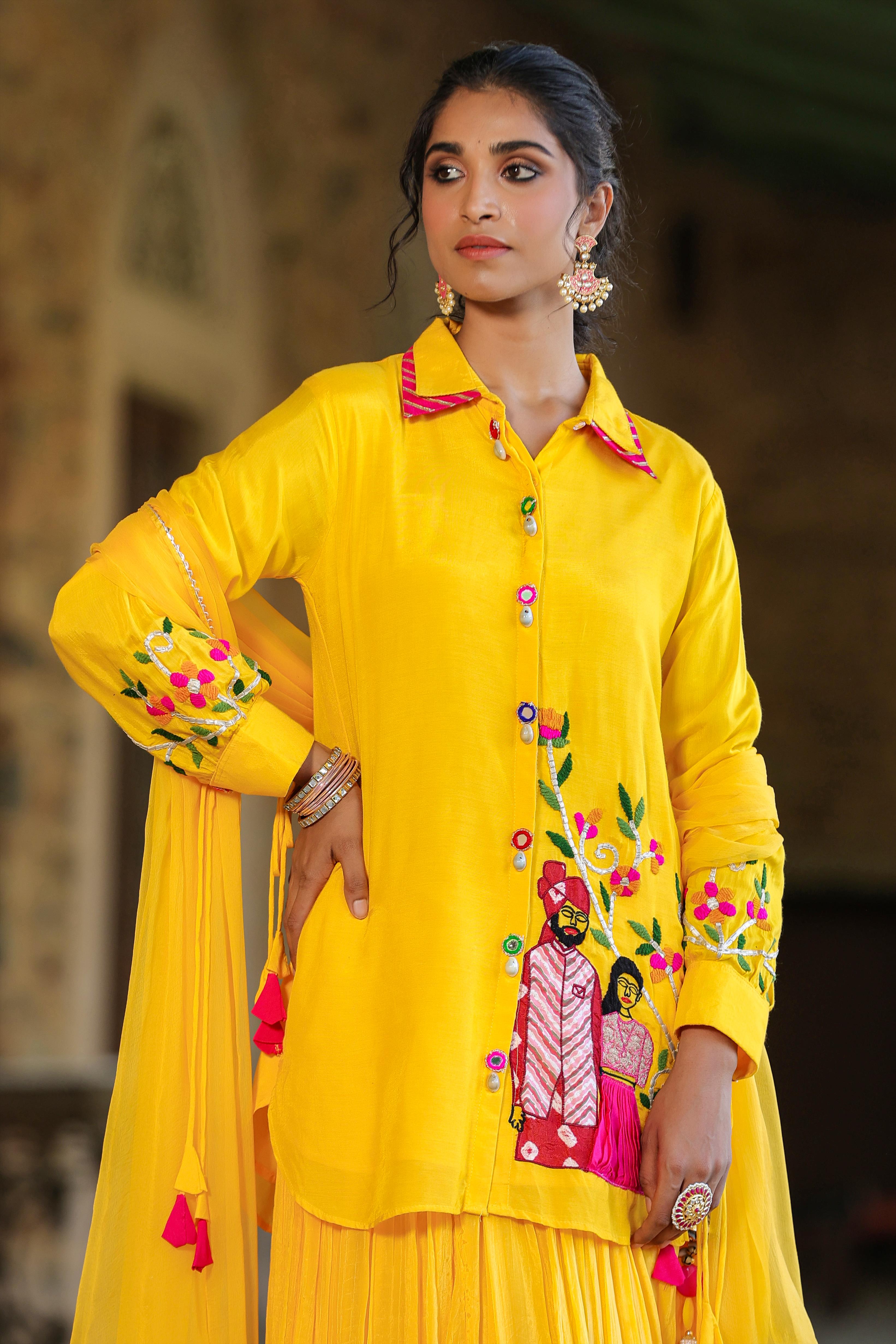 Yellow Muslin Silk Raja-Rani Shirt Lehenga Set