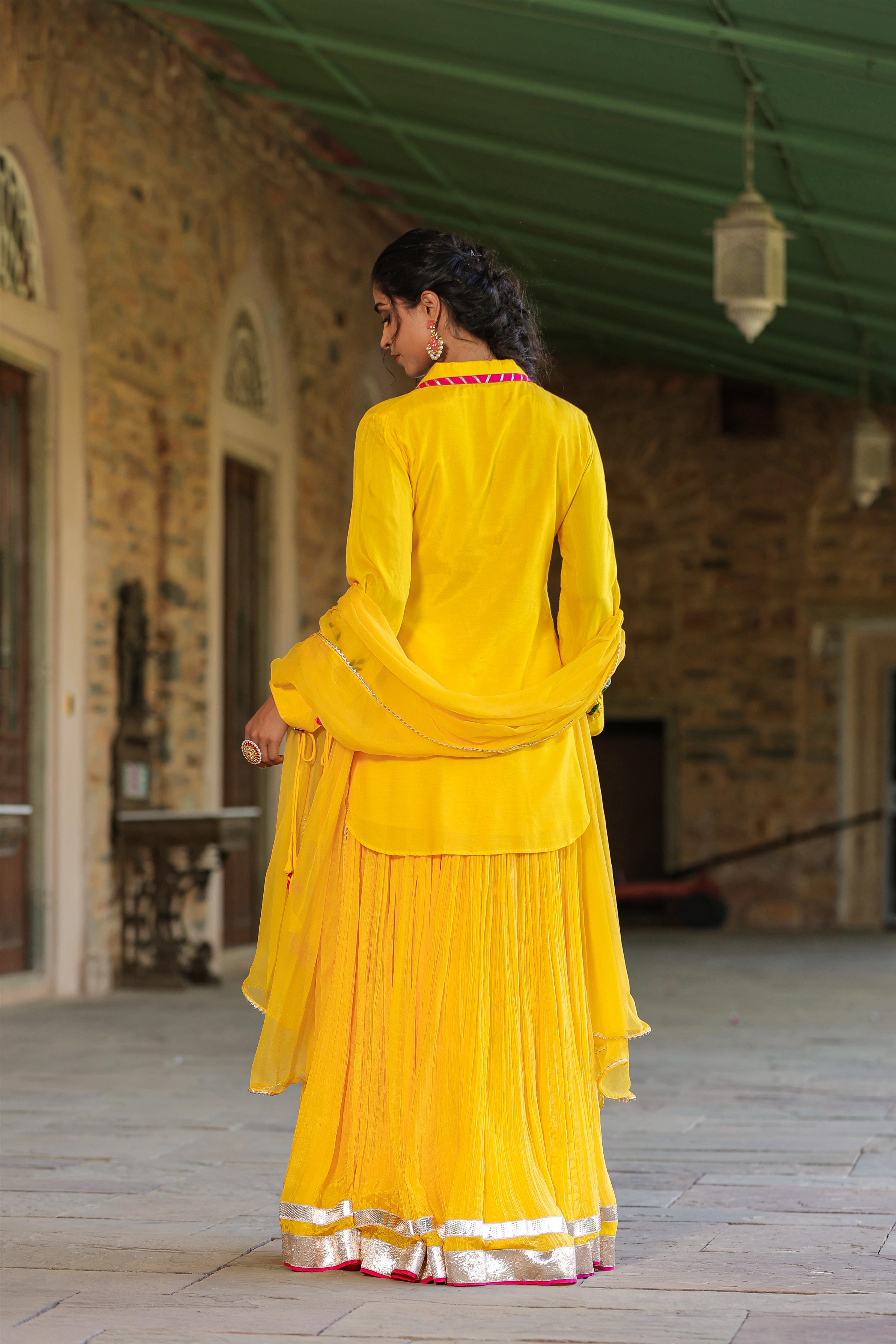 Yellow Muslin Silk Raja-Rani Shirt Kurta With Tabby Silk Crushed Lehenga And Dupatta