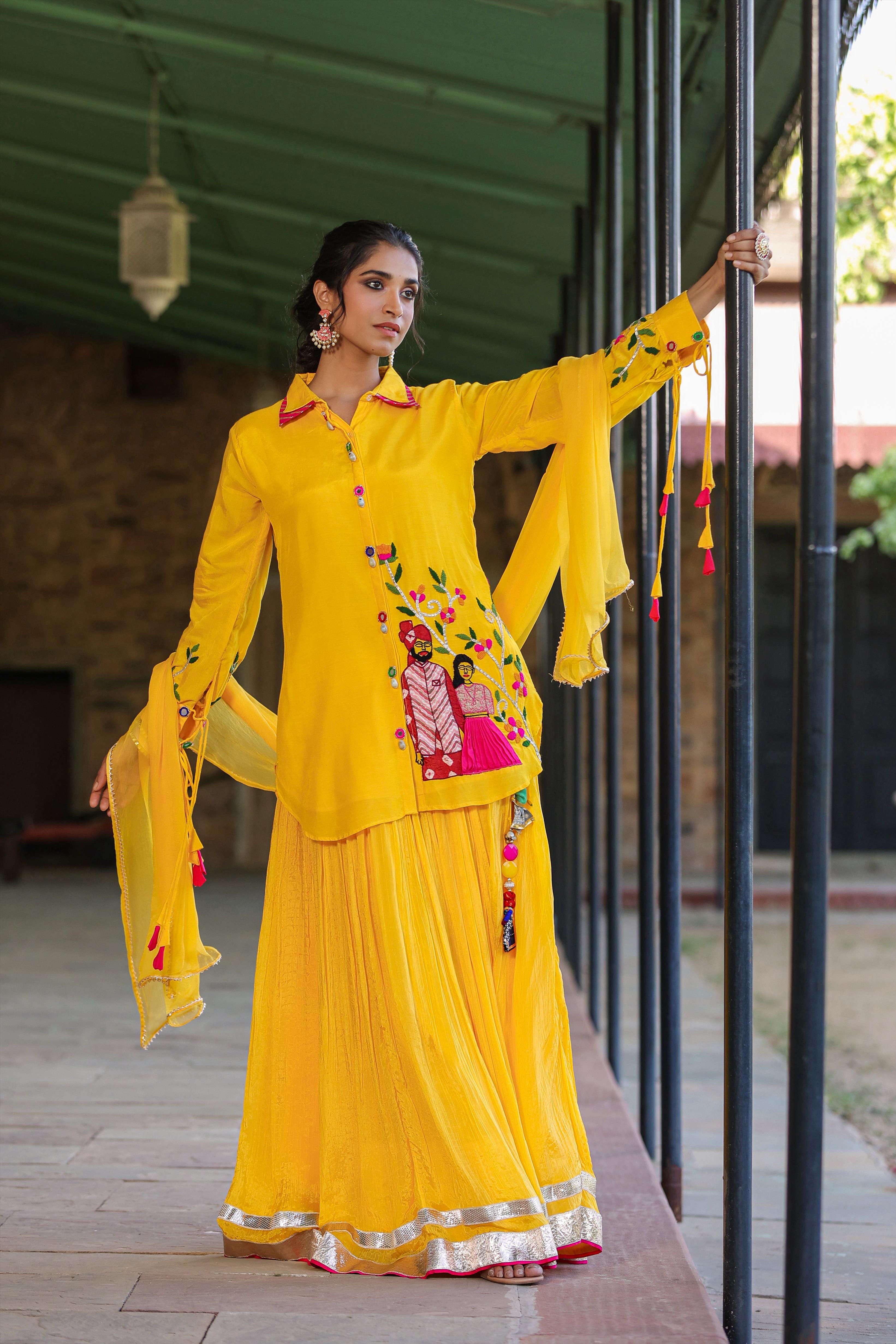 Yellow Muslin Silk Raja-Rani Shirt Kurta With Tabby Silk Crushed Lehenga And Dupatta