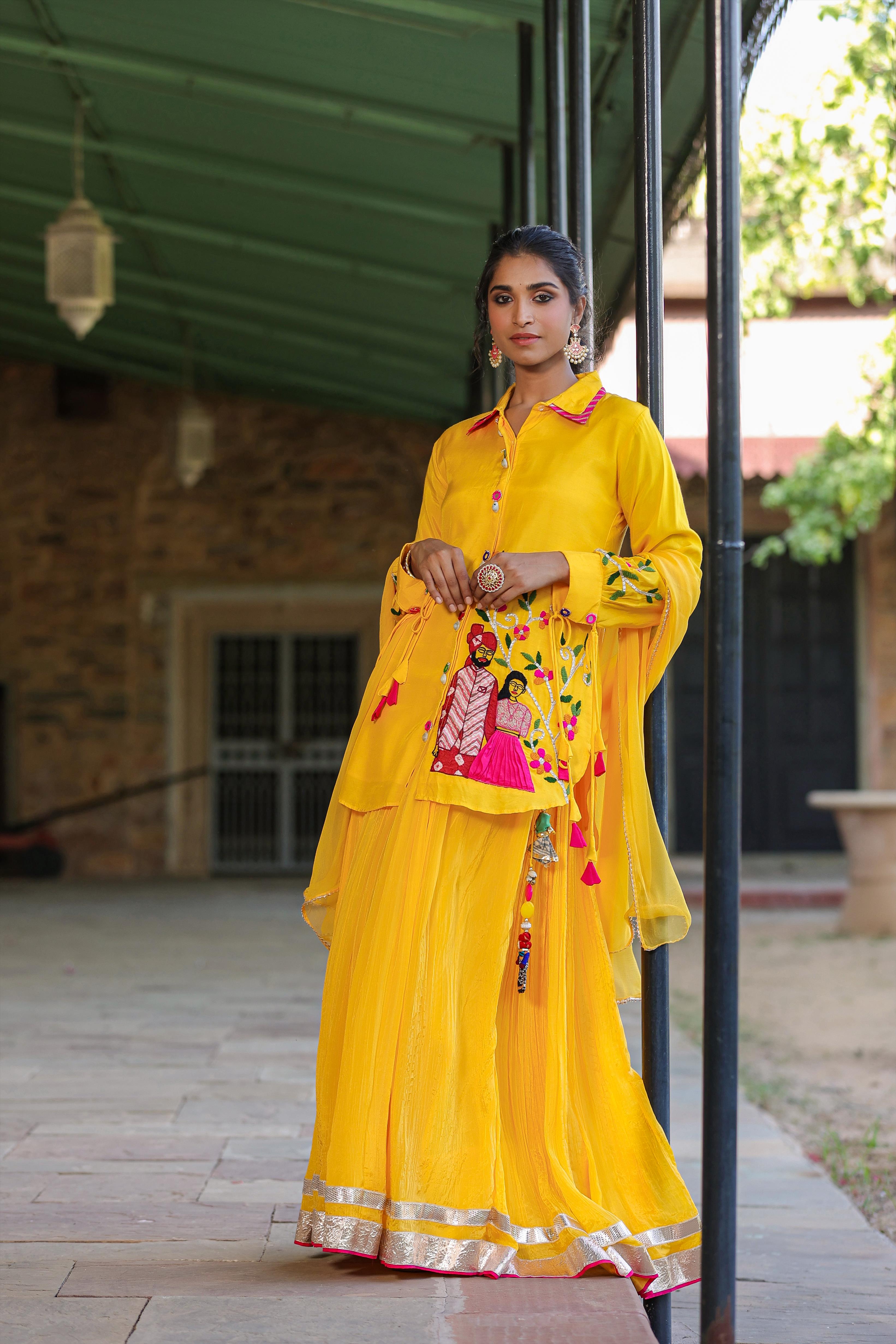 Yellow Muslin Silk Raja-Rani Shirt Kurta With Tabby Silk Crushed Lehenga And Dupatta