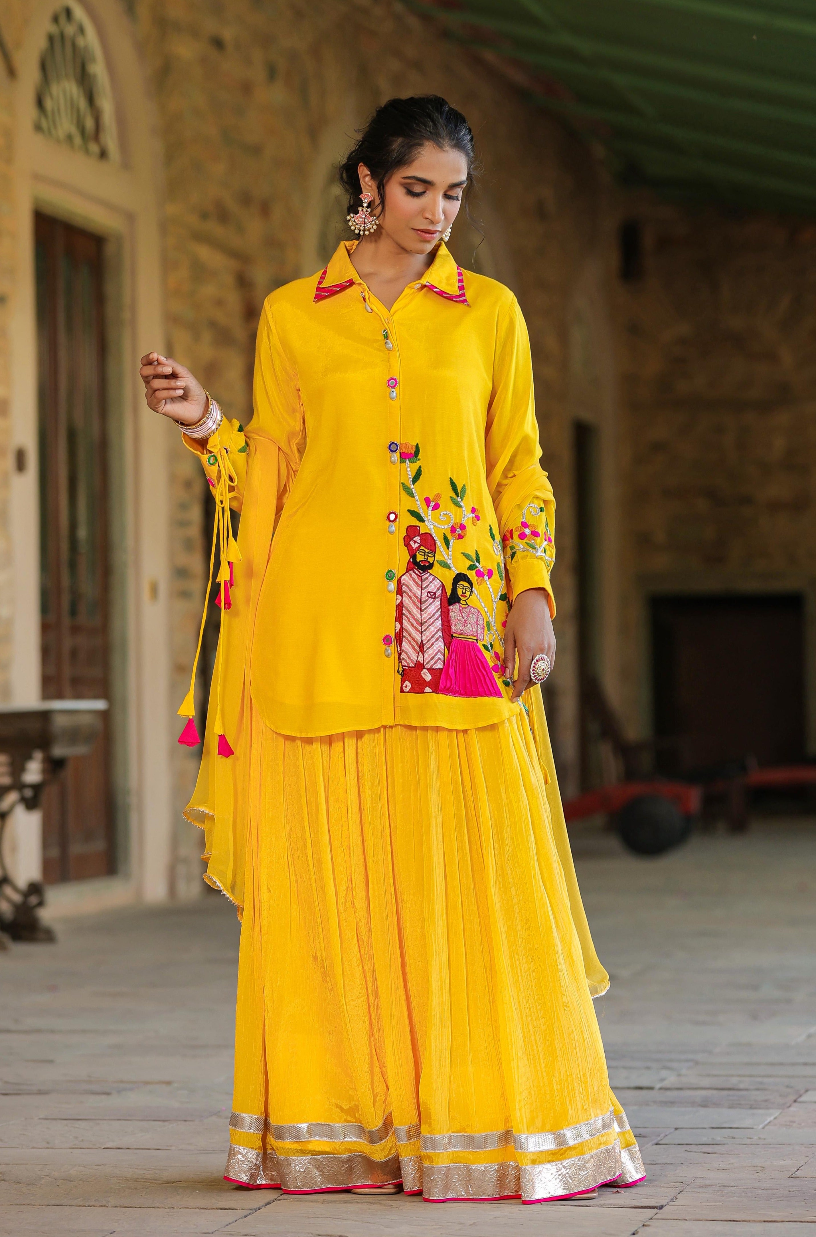 Yellow Muslin Silk Raja-Rani Shirt Kurta With Tabby Silk Crushed Lehenga And Dupatta