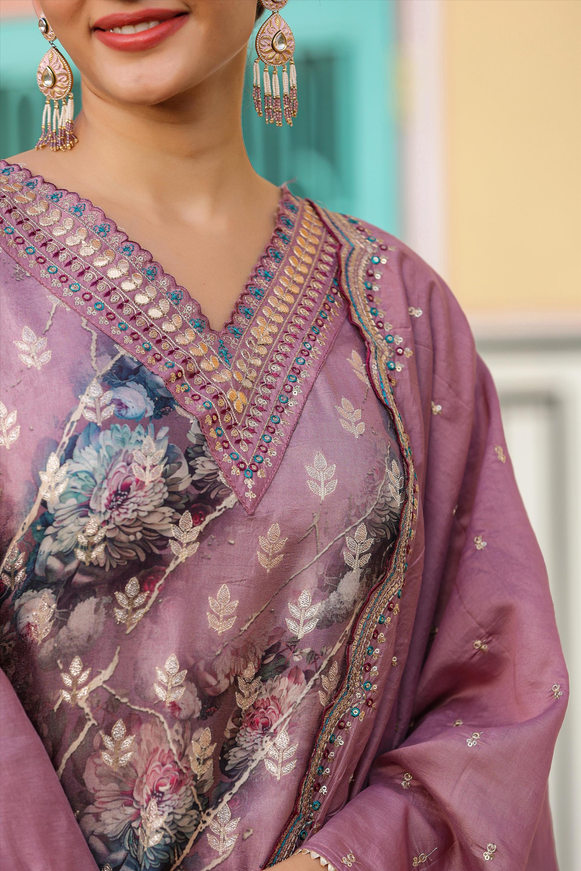 Lavender Russian Silk Jacquard Floral Print Suit Set