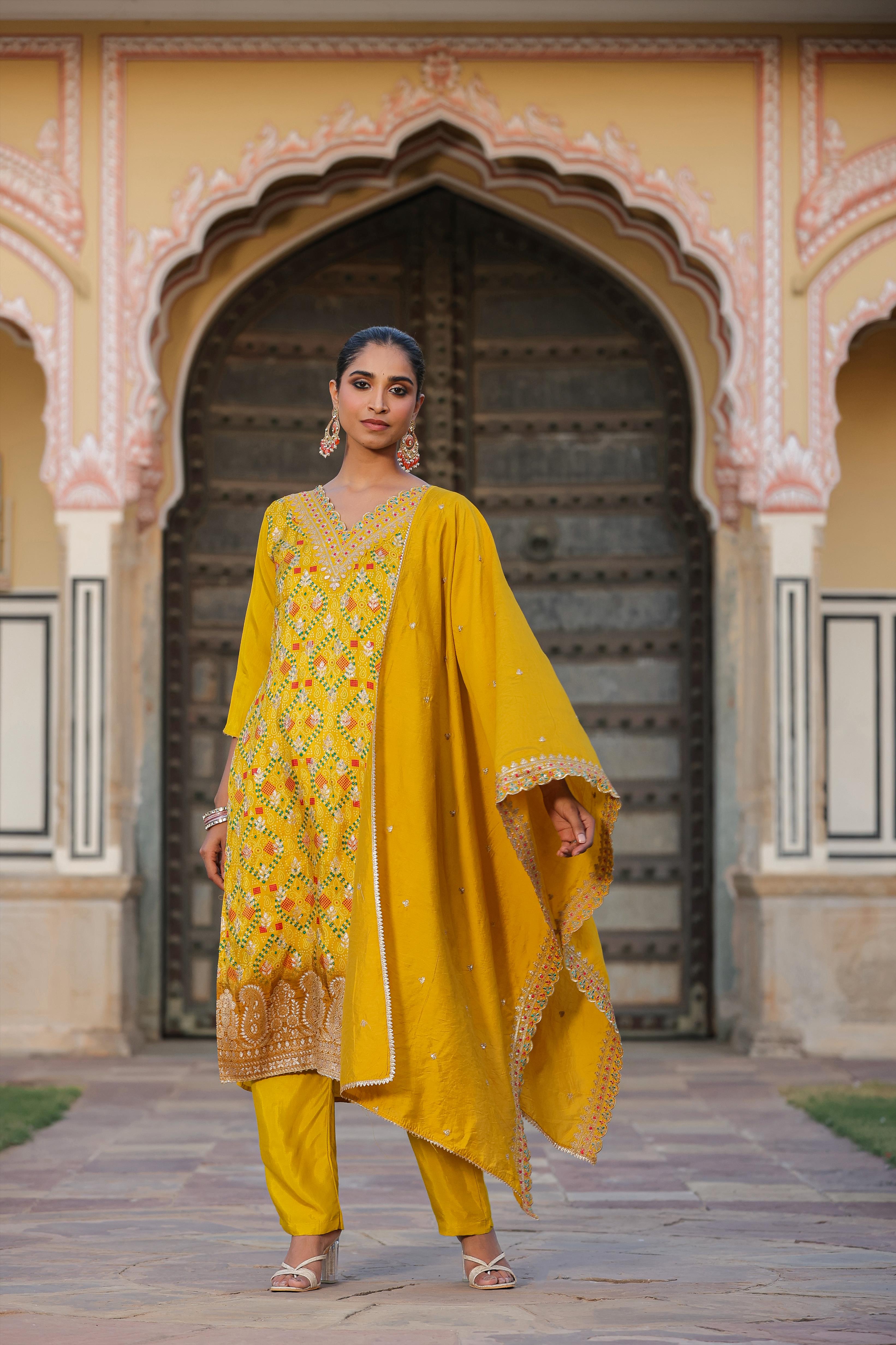 Yellow Russian Silk Jacquard Bandhani Print Suit Set