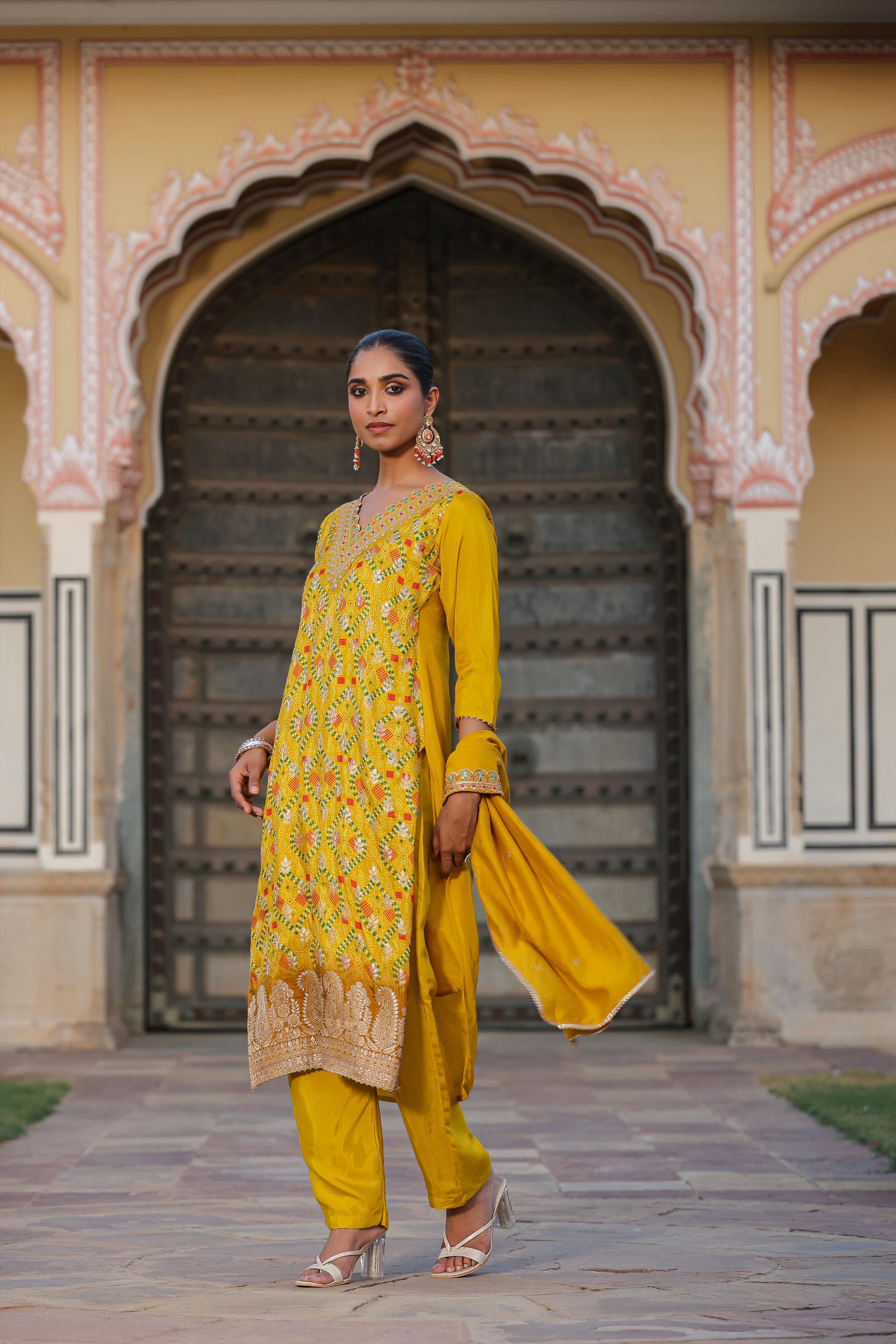 Yellow Russian Silk Jacquard Bandhani Print Suit Set