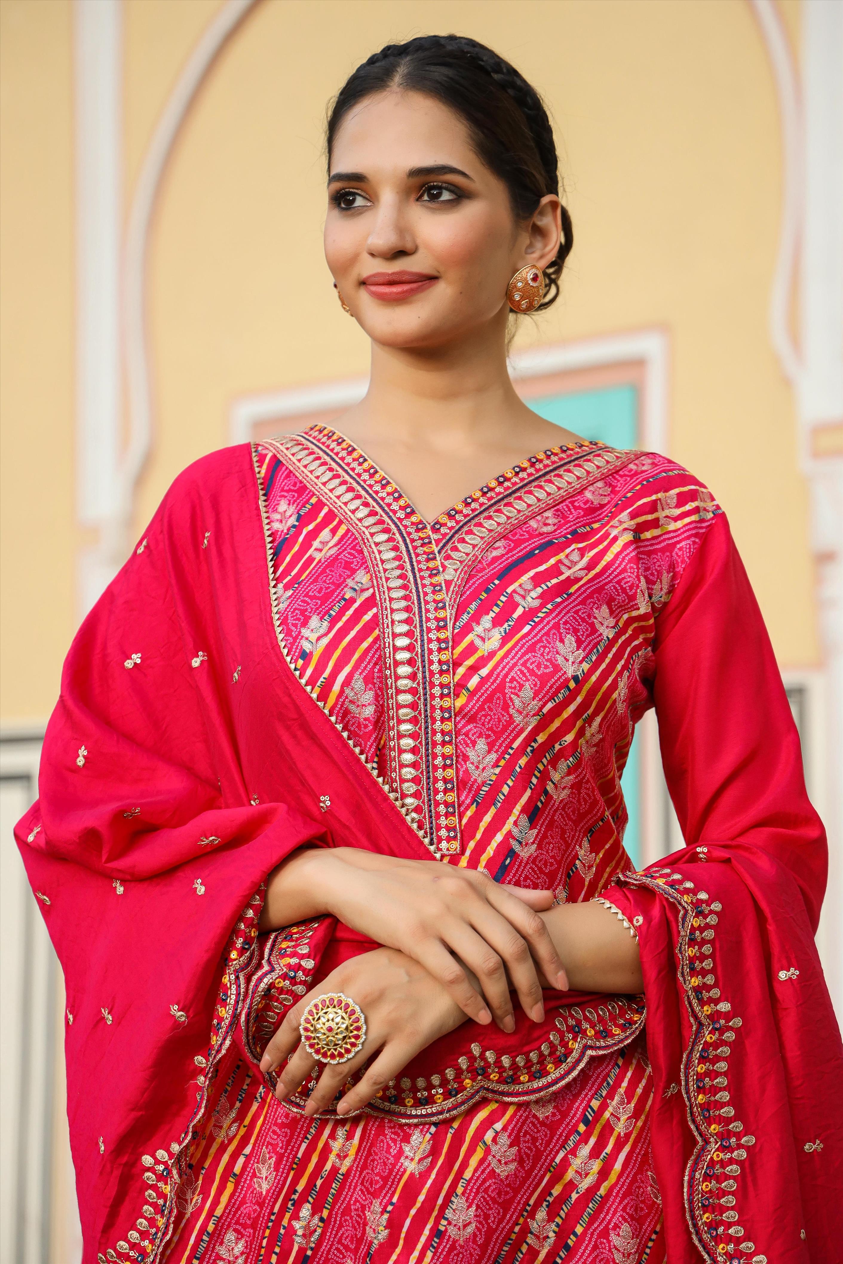 Deep Pink Silk Jacquard Bandhani Suit Set