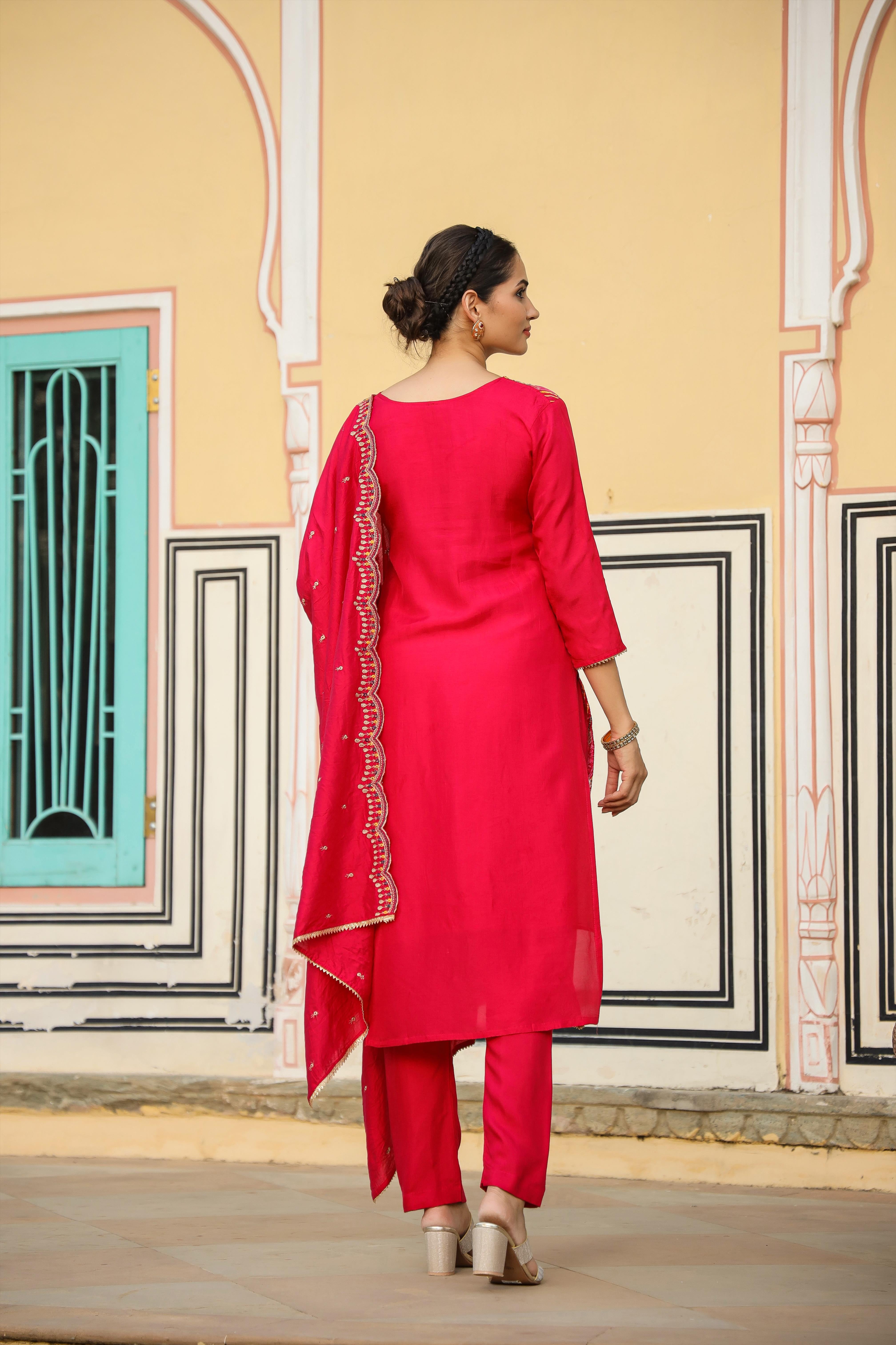 Deep Pink Silk Jacquard Bandhani Suit Set