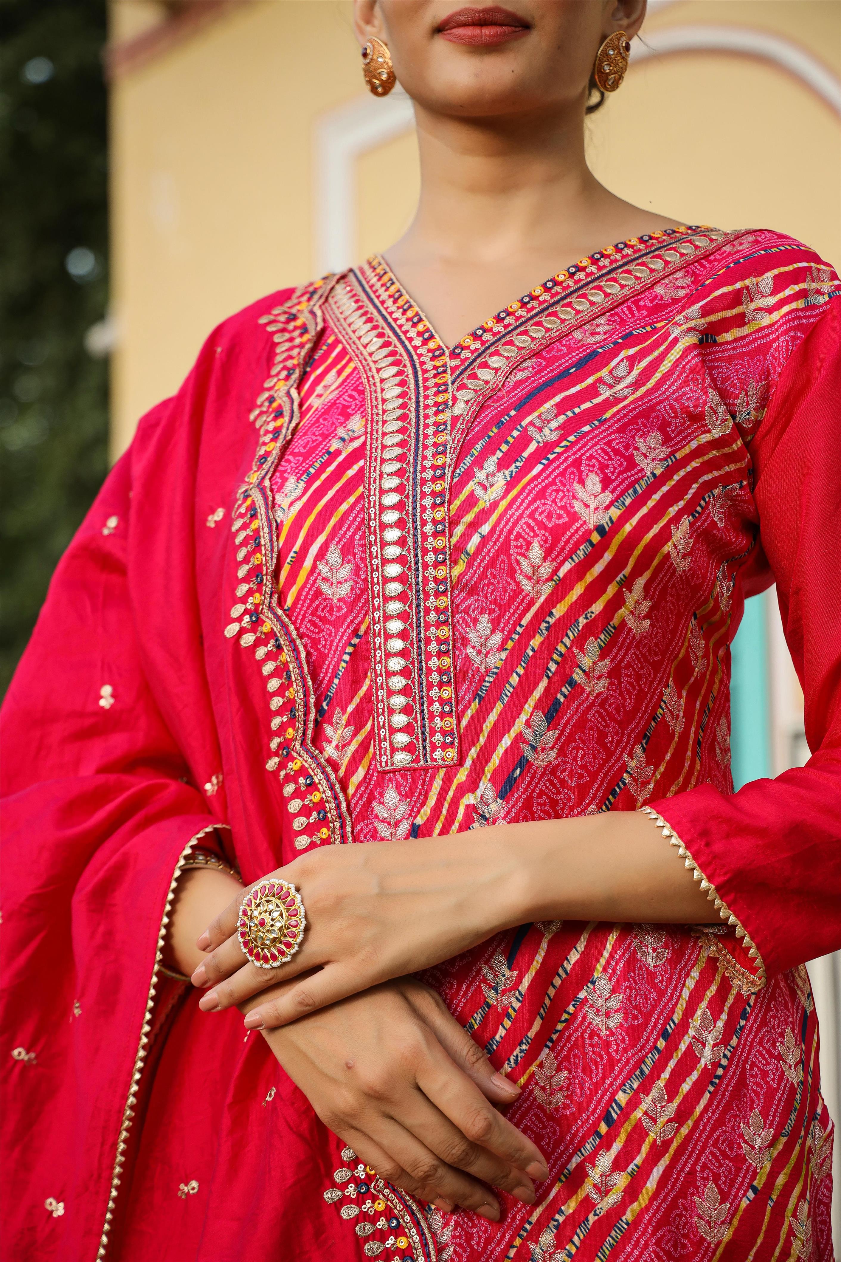 Pink Russian Silk Jacquard Bandhani Print Suit Set