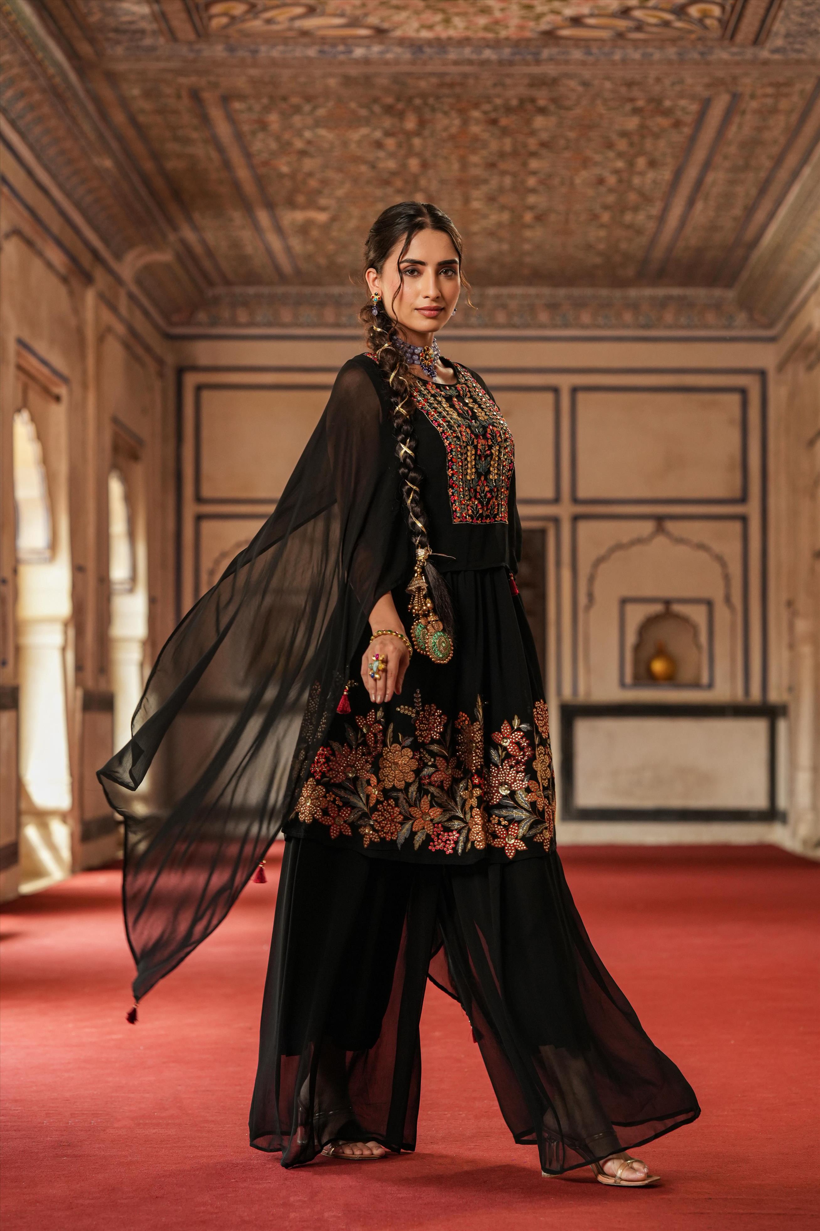 Black Viscose Georgette Embroidered Mirror Work Kaftan With Palazzo