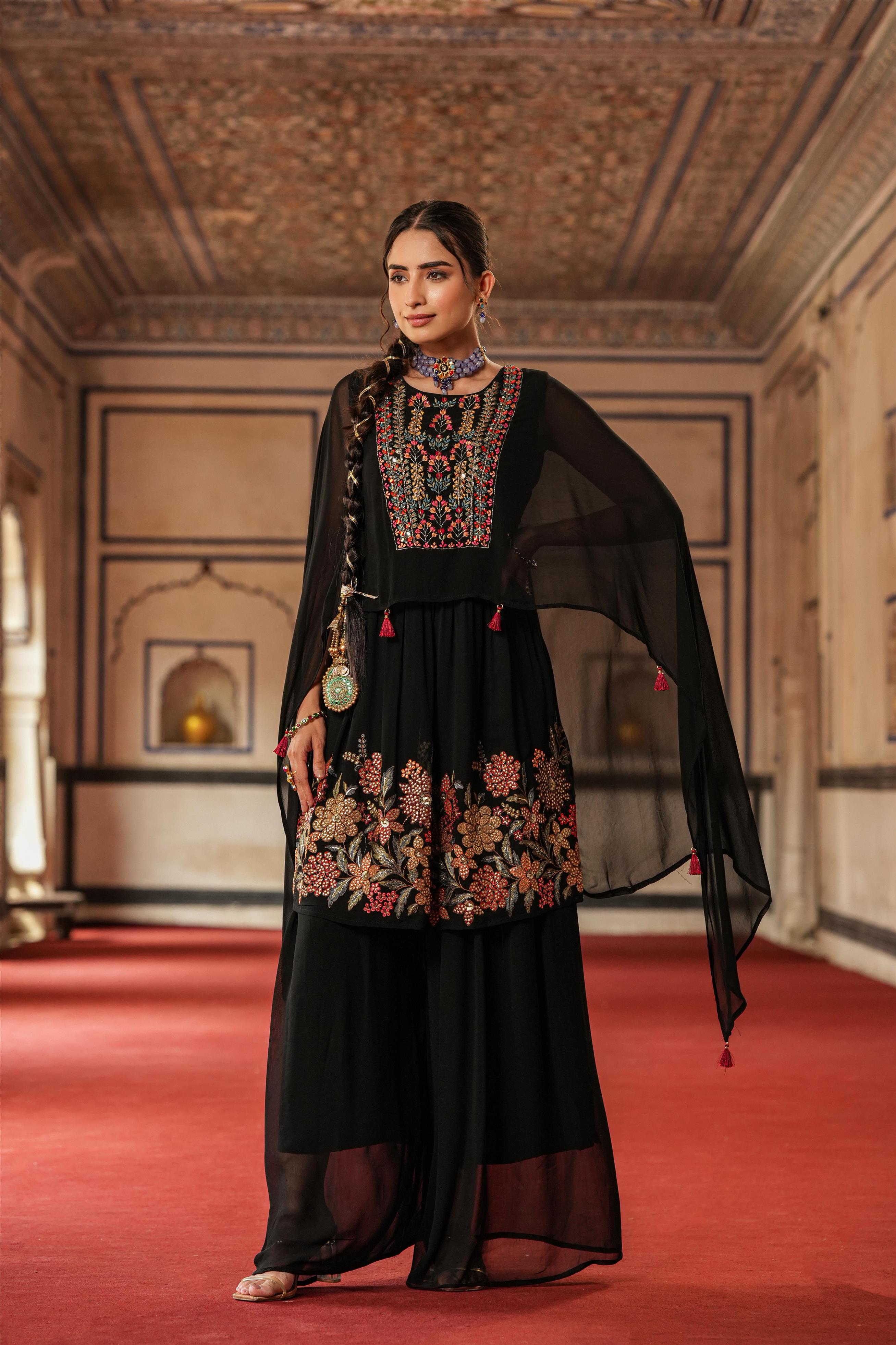 Black Viscose Georgette Embroidered Mirror Work Kaftan With Palazzo
