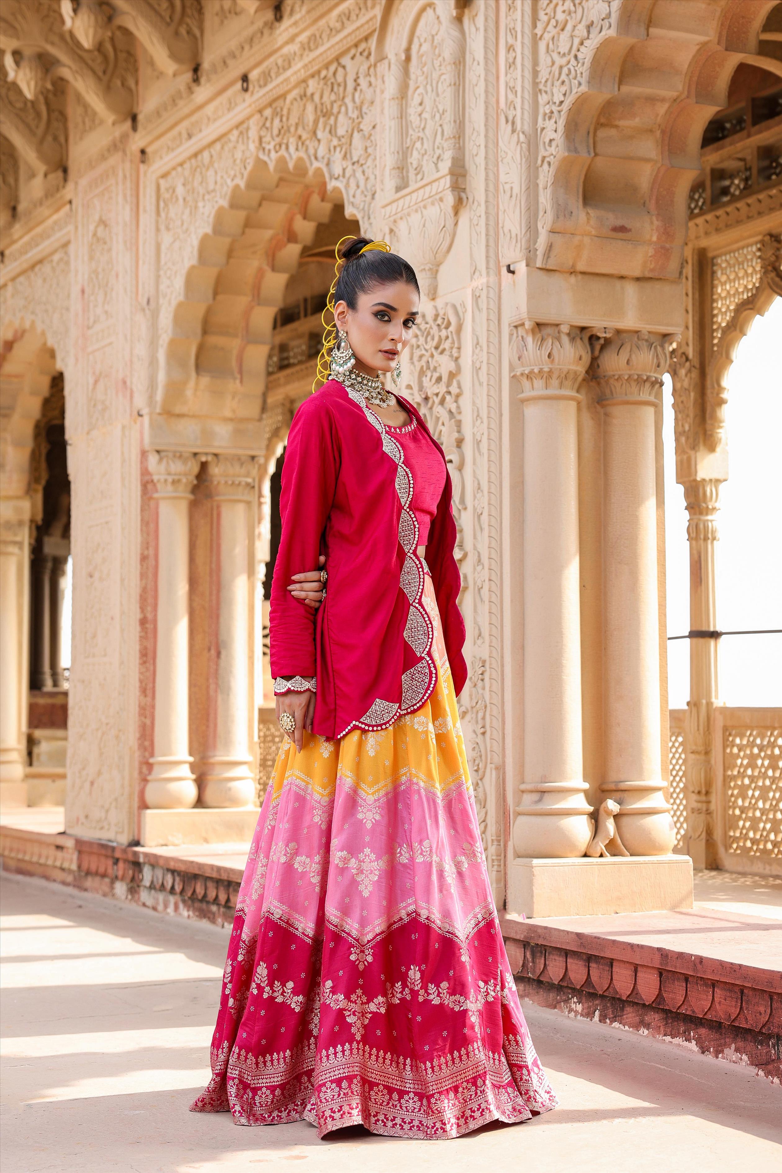 Pink Banarasi Jacquard Lehenga Choli With Jacket