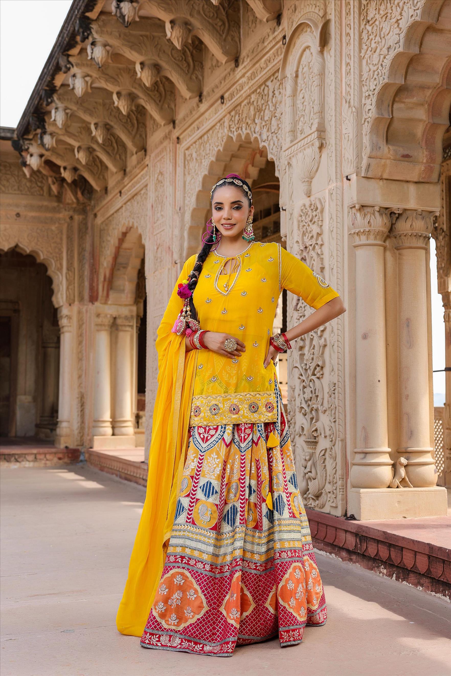 Yellow Banarasi Jacquard Embellished Lehenga Choli Dupatta Set (4 Pc)