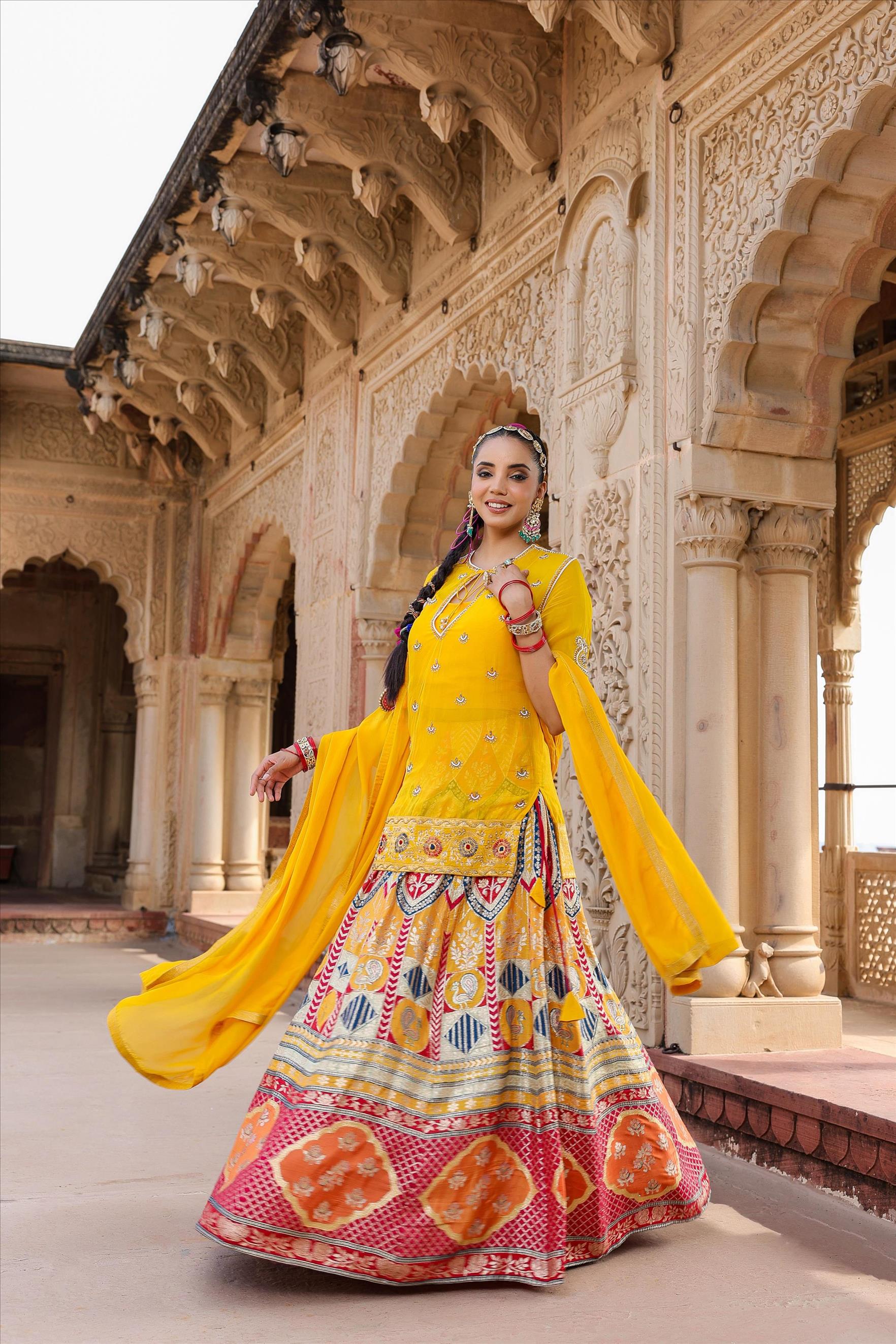Yellow Banarasi Jacquard Embellished Lehenga Choli Dupatta Set (4 Pc)