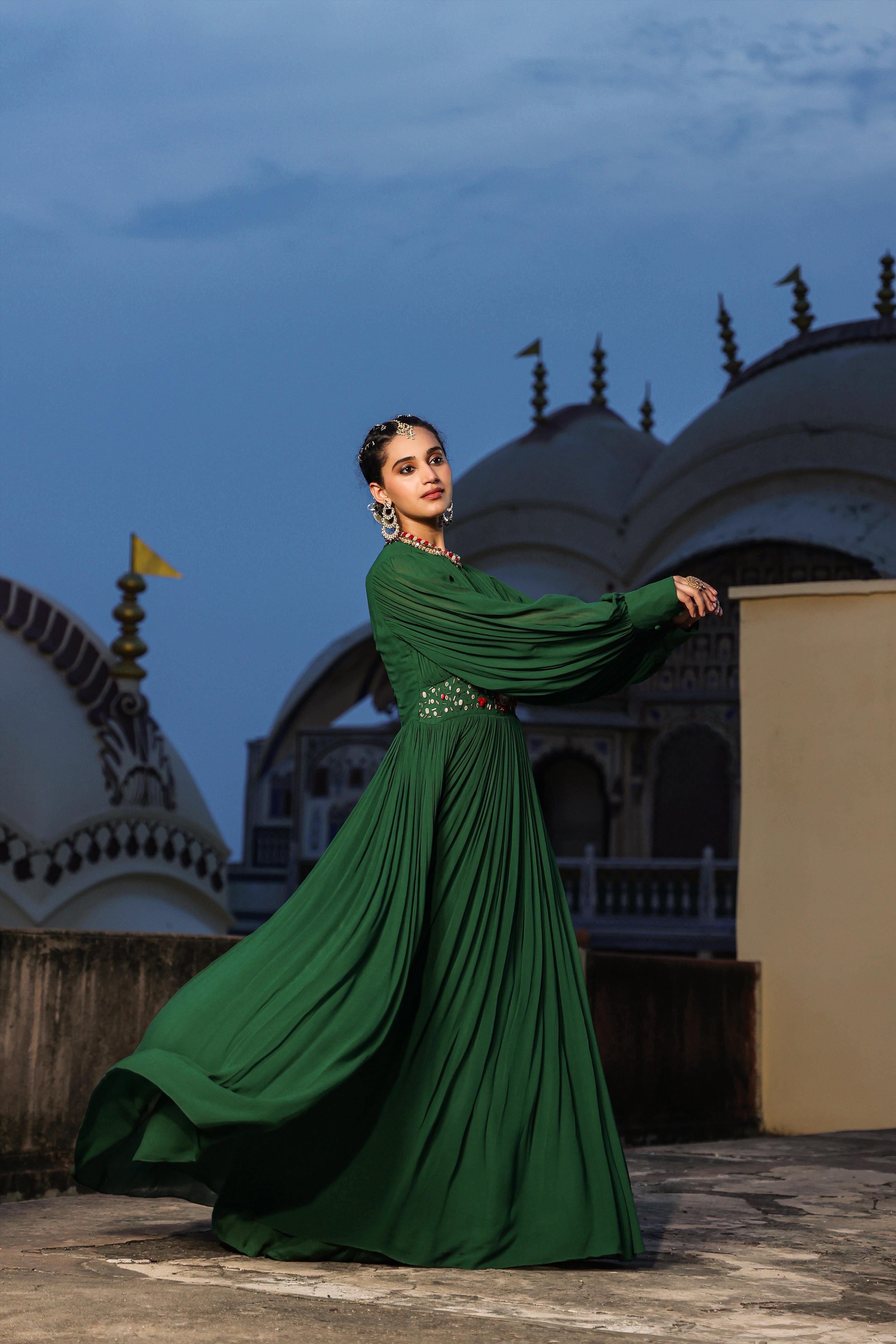 Green Georgette Solid With Embellishments Gathered Party Gown