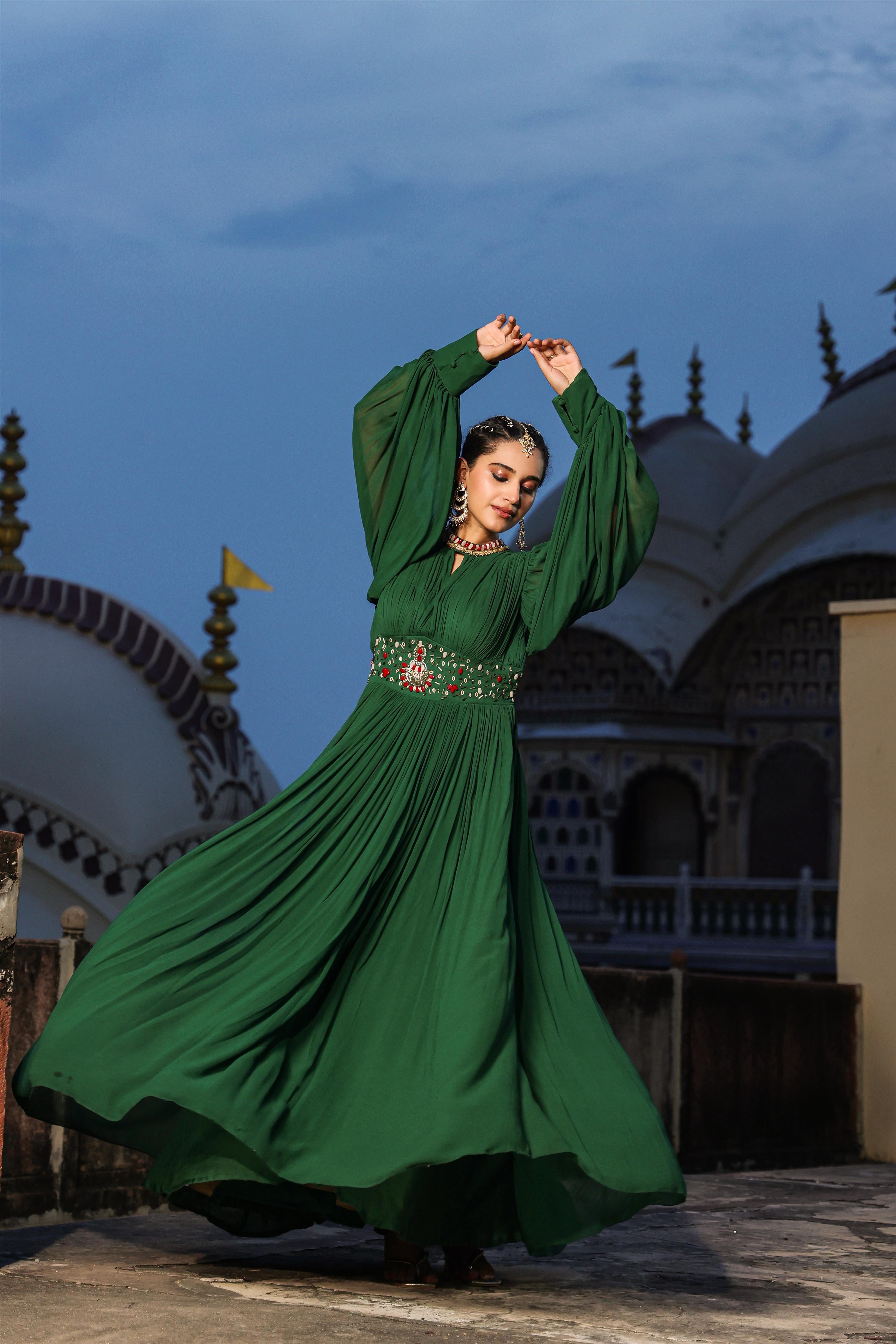 Deep Green Georgette Solid-Embellished Gown