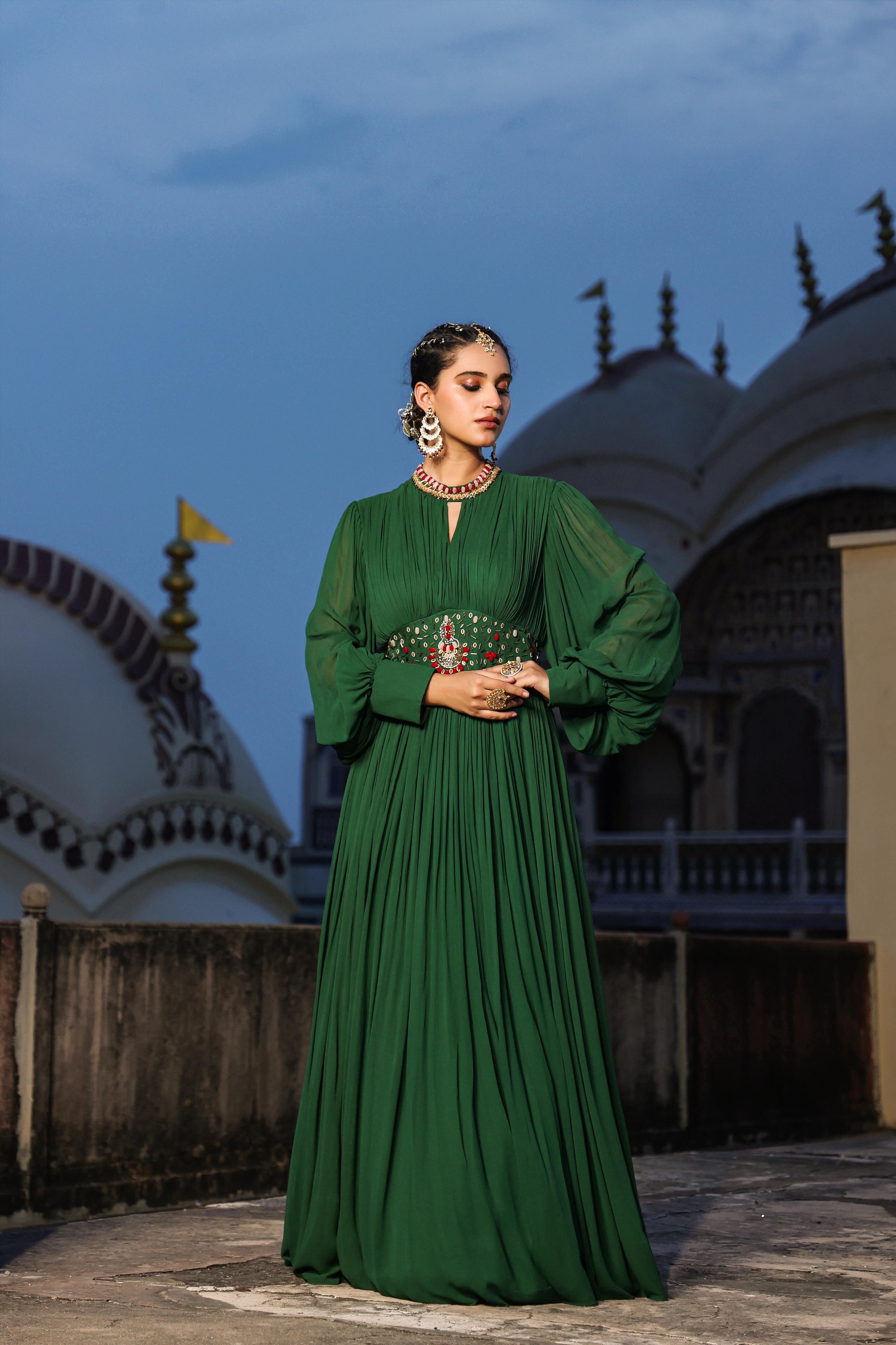 Green Georgette Solid With Embellishments Gathered Party Gown