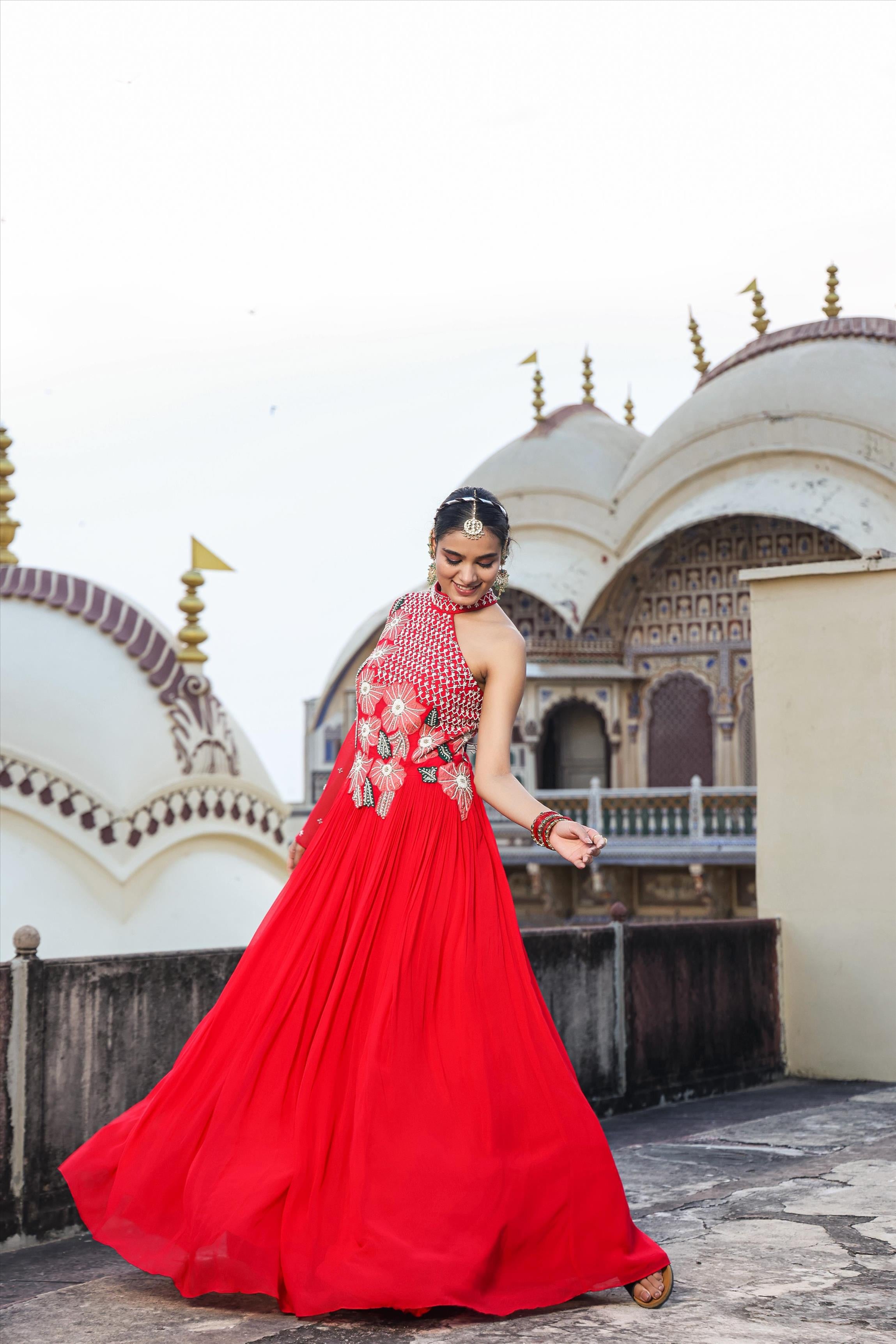 Red Georgette Gathered Party Gown With Applique And Heavy Embellishment
