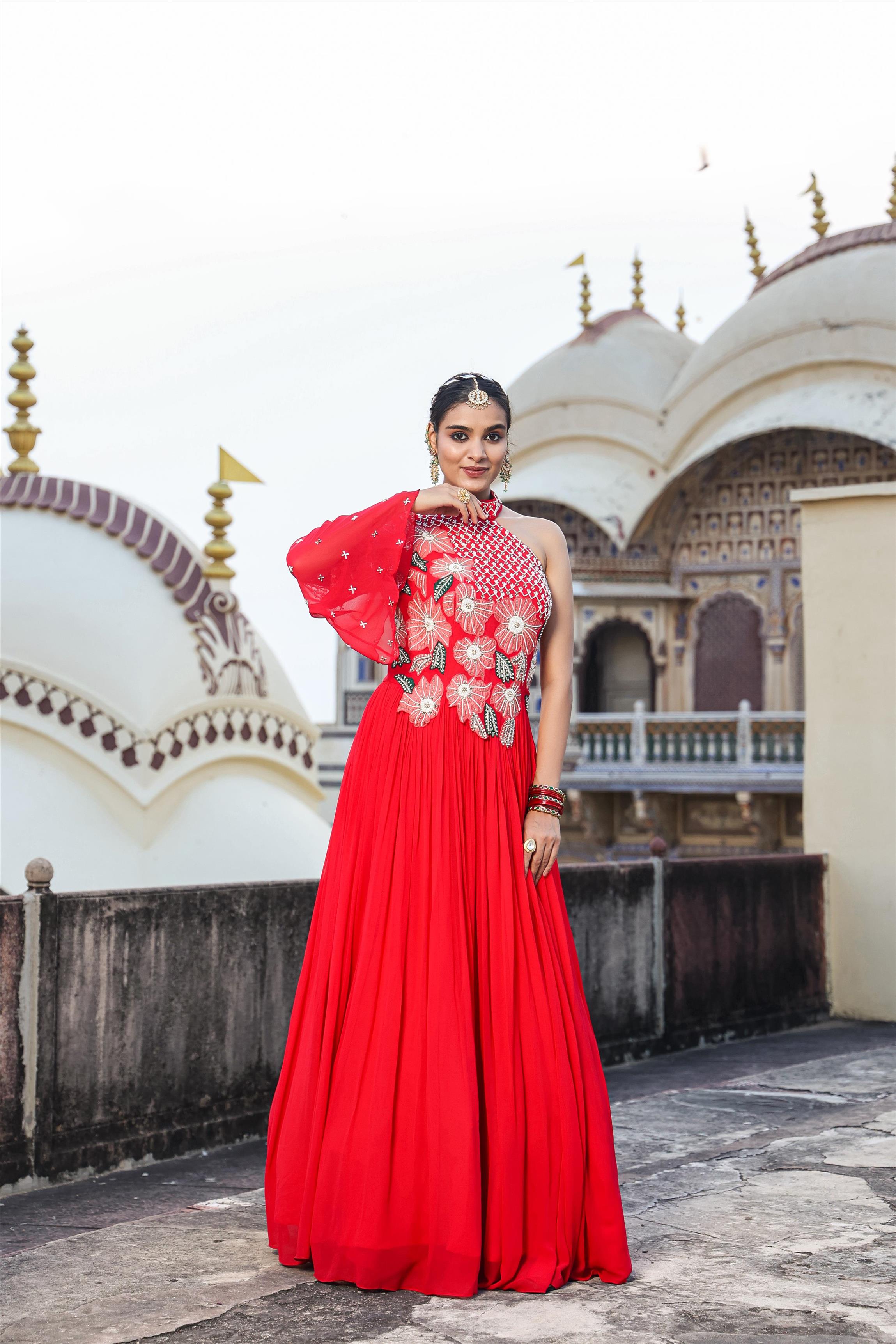 Red Georgette Gathered Party Gown With Applique And Heavy Embellishment