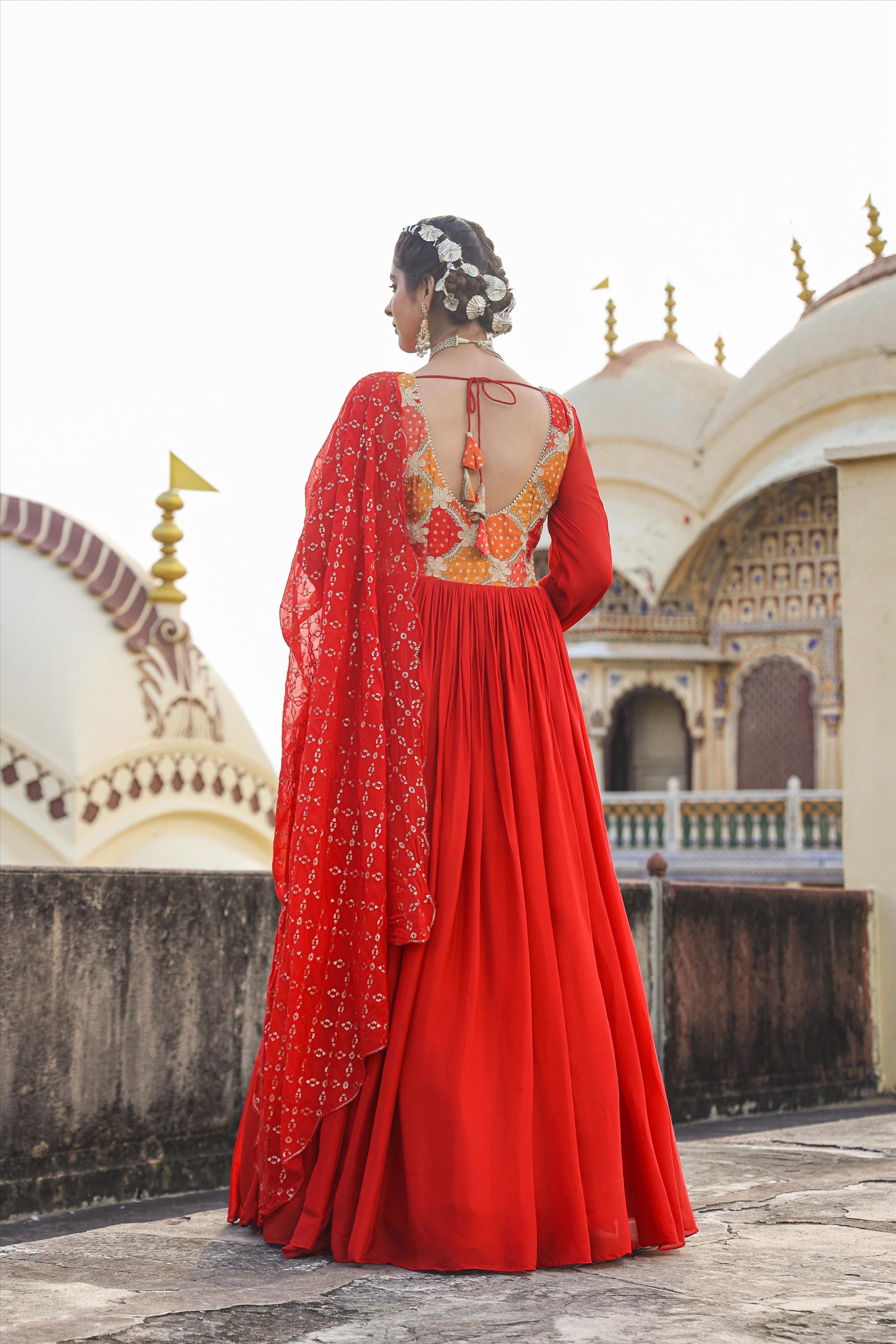 Orange Chinon Silk Bandhani & Zari Gown With Organza Embellished Dupatta