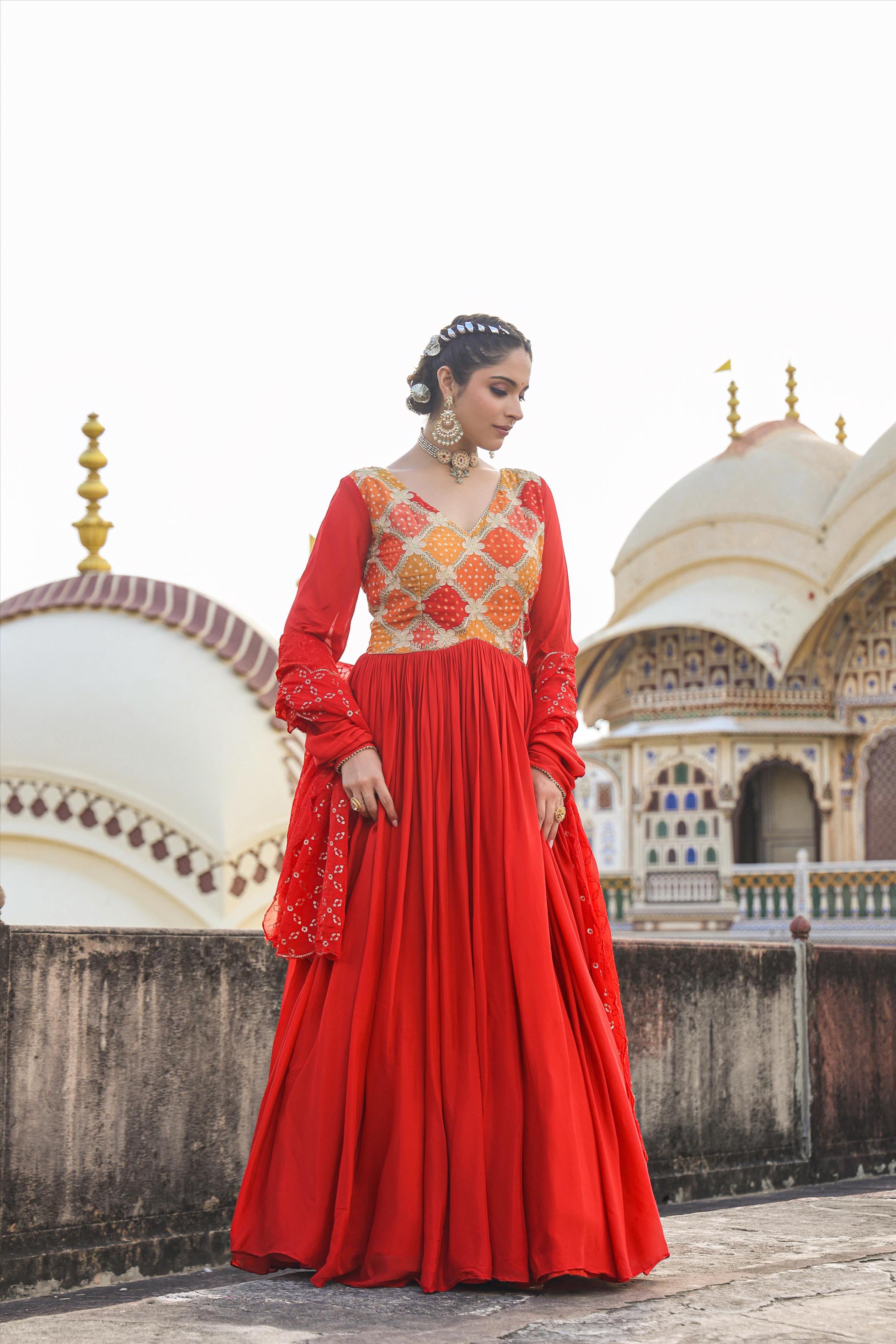 Orange Chinon Silk Bandhani & Zari Gown With Organza Embellished Dupatta